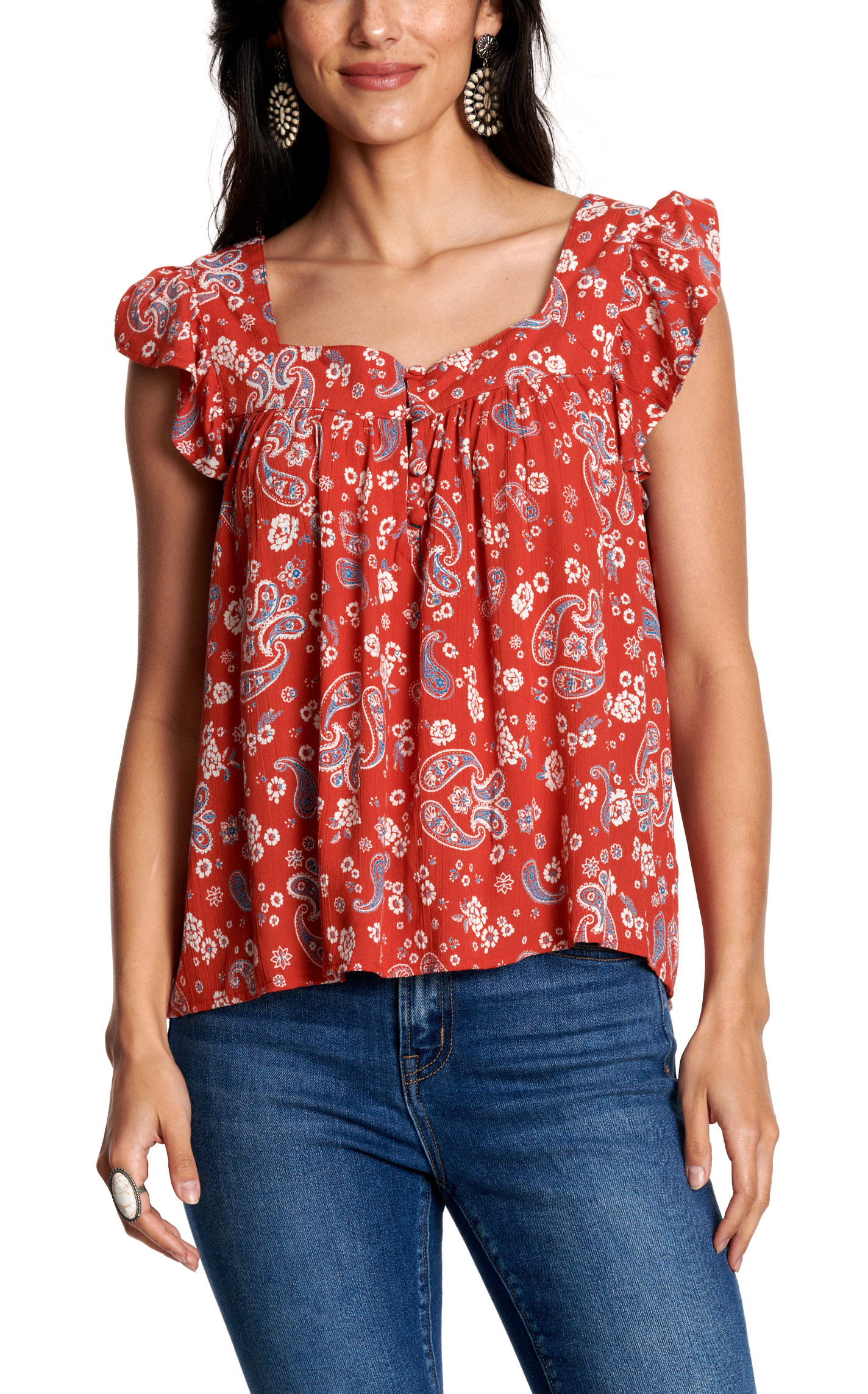 Rockin' C Women's Red Floral Bandana Print Top  - Image 1