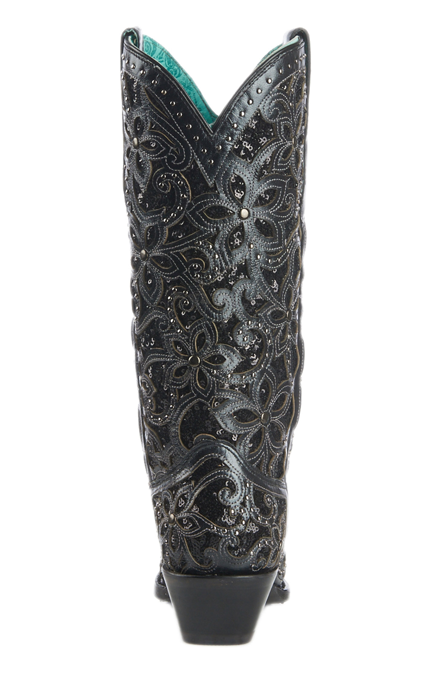 Corral Women's Black Floral Embroidered Glitter Inlay Snip Toe Cowboy Boots - Image 1