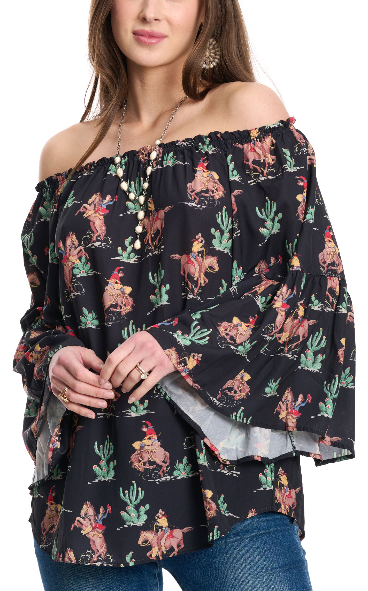 Fashion Express Women's Black Western Print Off Shoulder Top - Image 1
