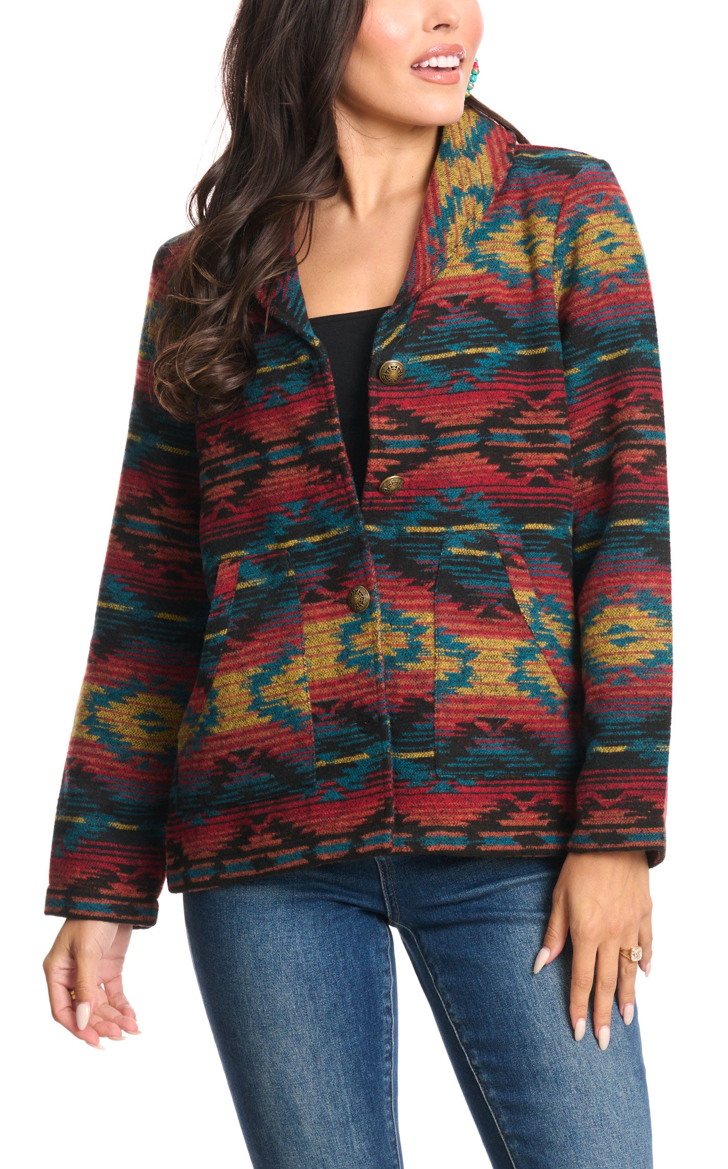 Magnolia Lane Women's Red Black & Turquoise Aztec Woven Jacket - Image 1