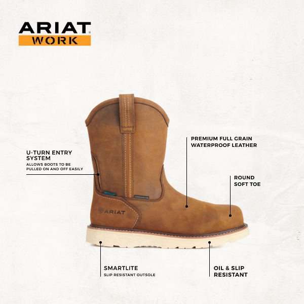 Ariat Men's Rebar Wedge Distressed Brown Waterproof Round Toe Pull-On Work Boots - Image 1