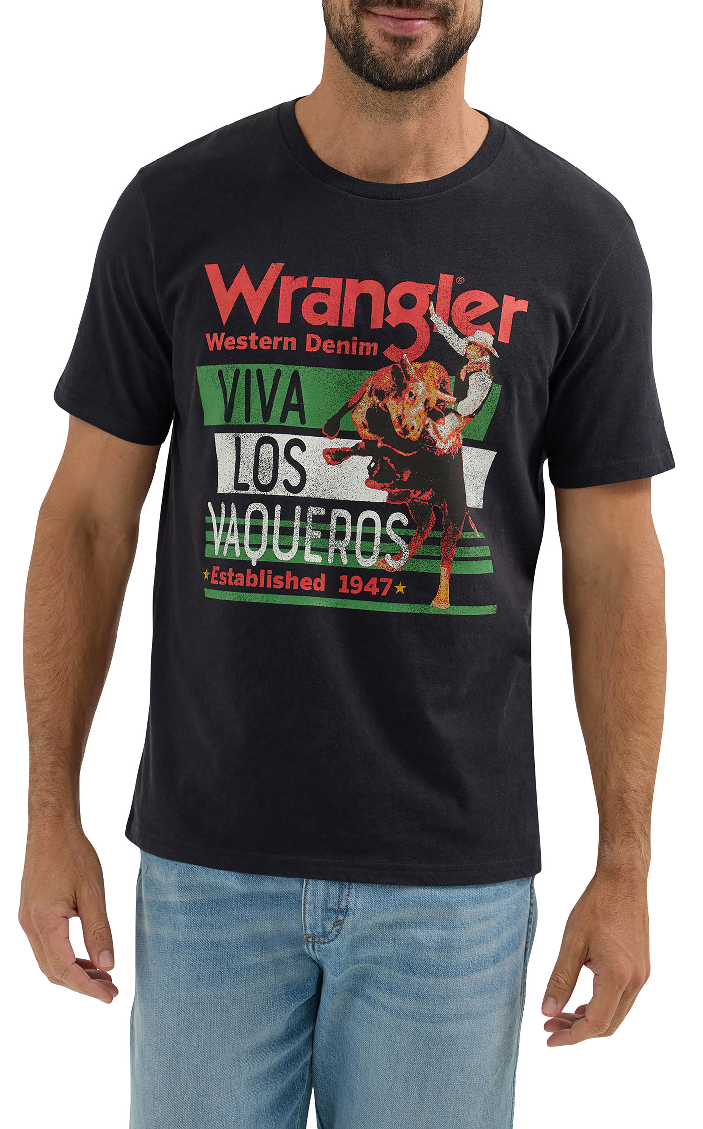 Wrangler Men’s Black Viva Los Vaqueros Graphic T-Shirt - Image 1