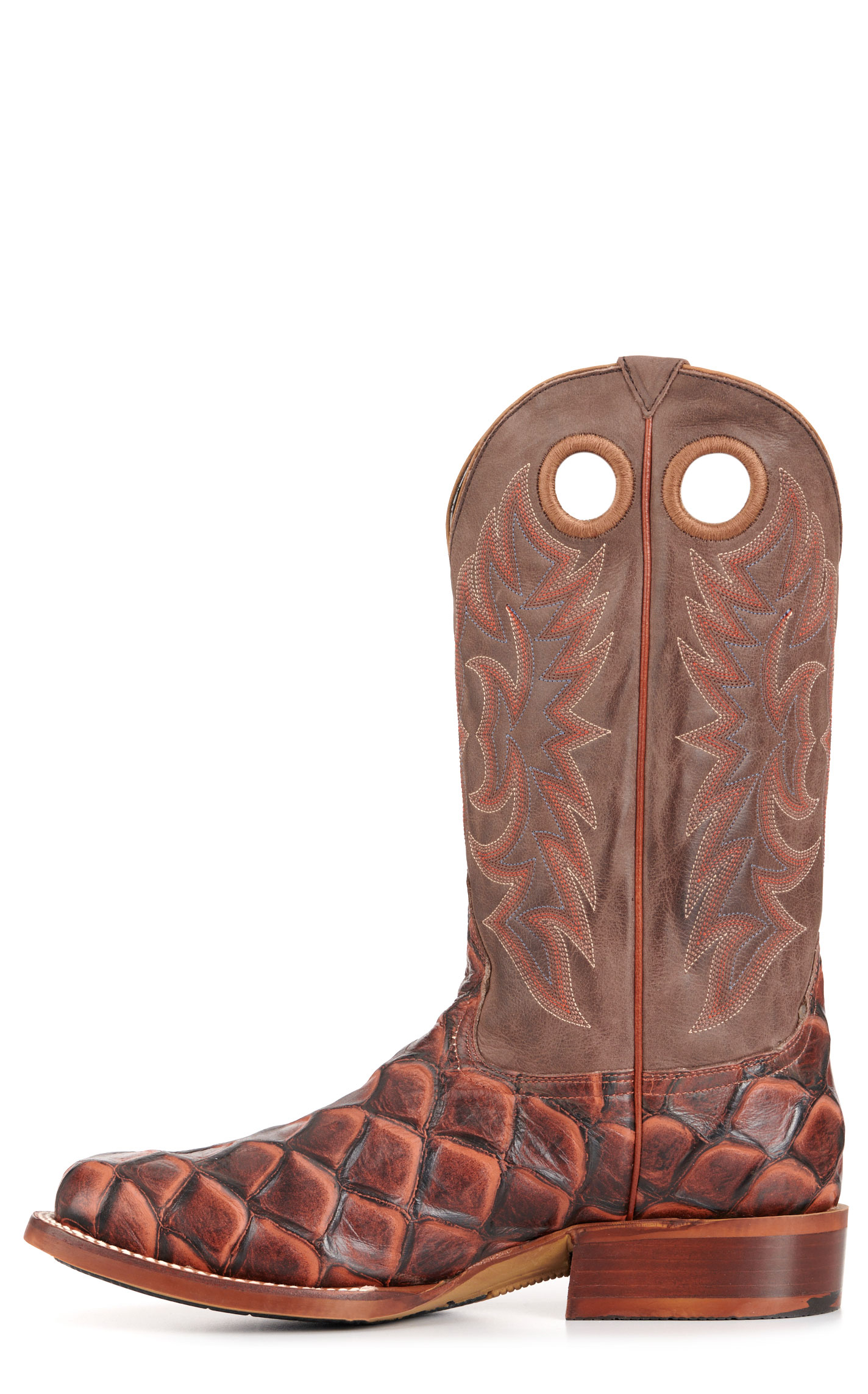 Cavender's Men's Intrepid Chocolate and Whisky Pirarucu Print Wide Square Toe Cowboy Boots - Image 1