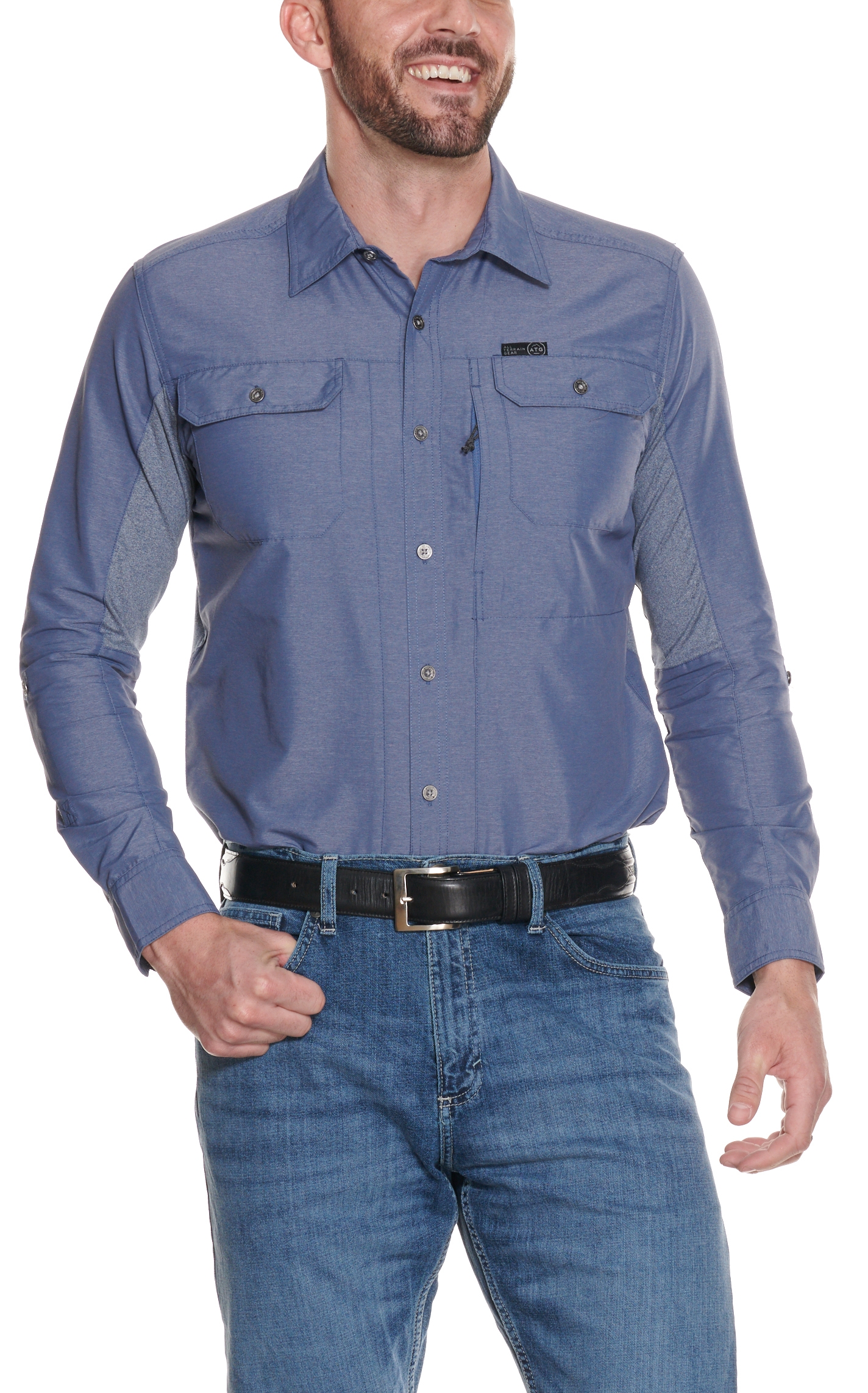 ATG by Wrangler Men's Vintage Indigo Mix Material Long Sleeve Outdoor Western Shirt - Image 1