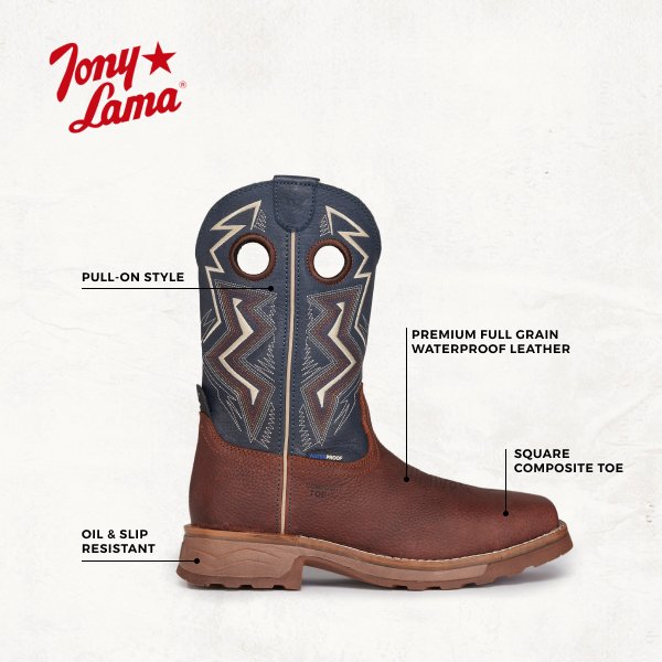 Tony Lama Men's Brown and Blue Square Toe Work Boots - Image 1
