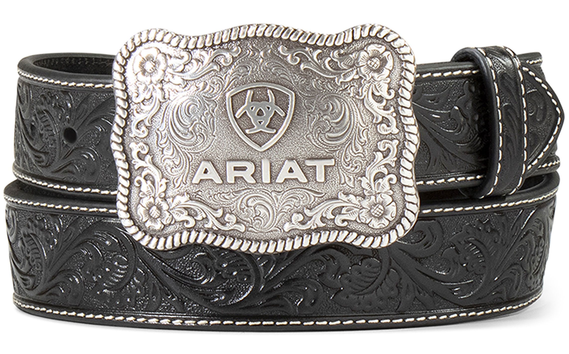 Ariat Men's Etched Silver Buckle & Black Genuine Leather Floral Tooled Belt - Image 1