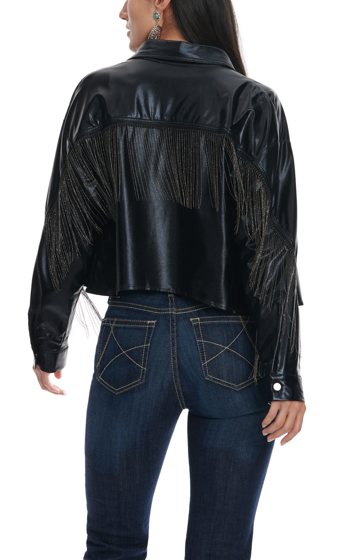 Fashion Express Women's Black Faux Leather with Chain Fringe Jacket - Image 1