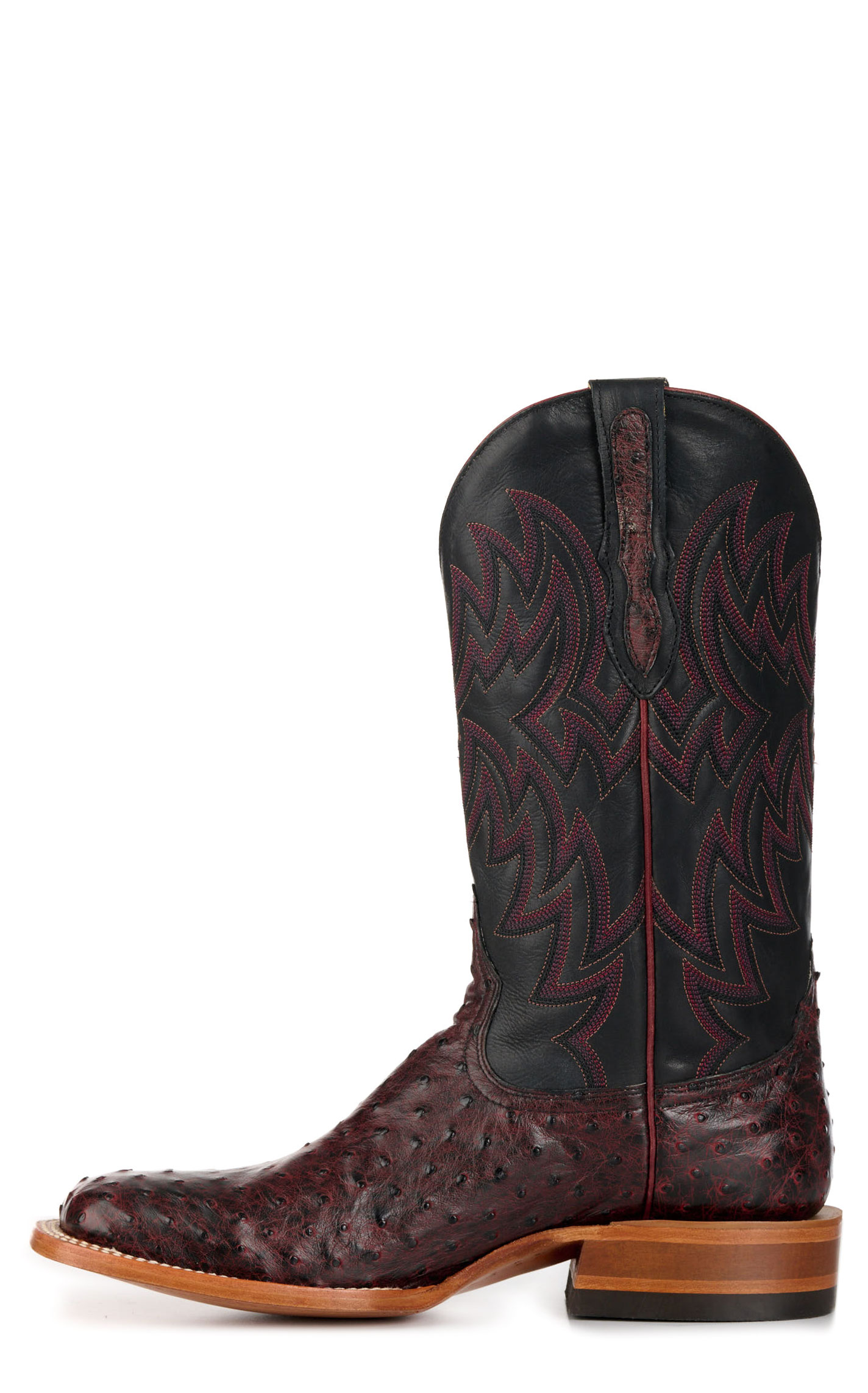 Cavender’s Men’s Black Cherry Full Quill Ostrich and Black Wide Square Toe Exotic Cowboy Boots - Image 1