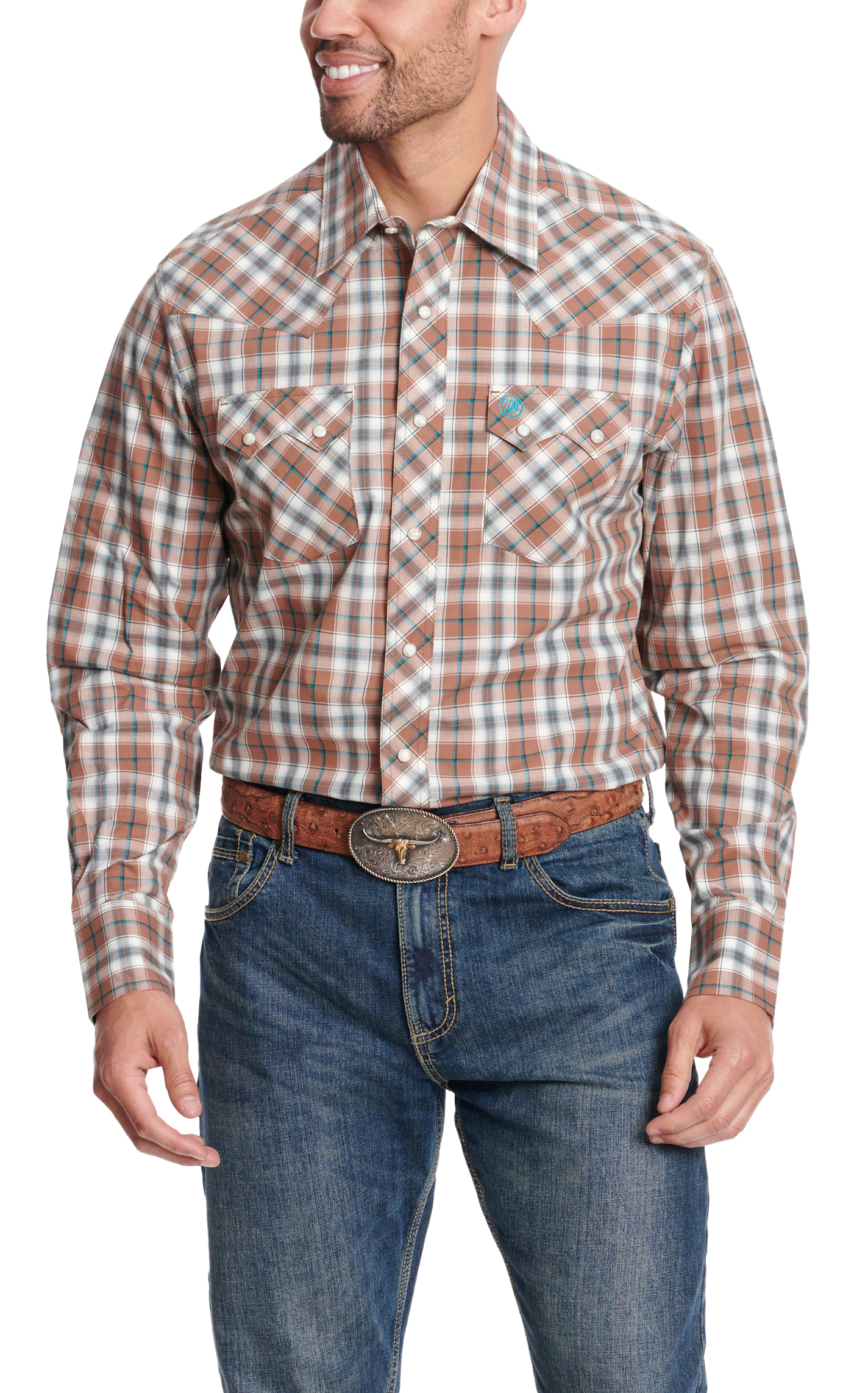 Wrangler Retro Men's Cream Cinnamon & Teal Plaid Western Shirt - Image 1