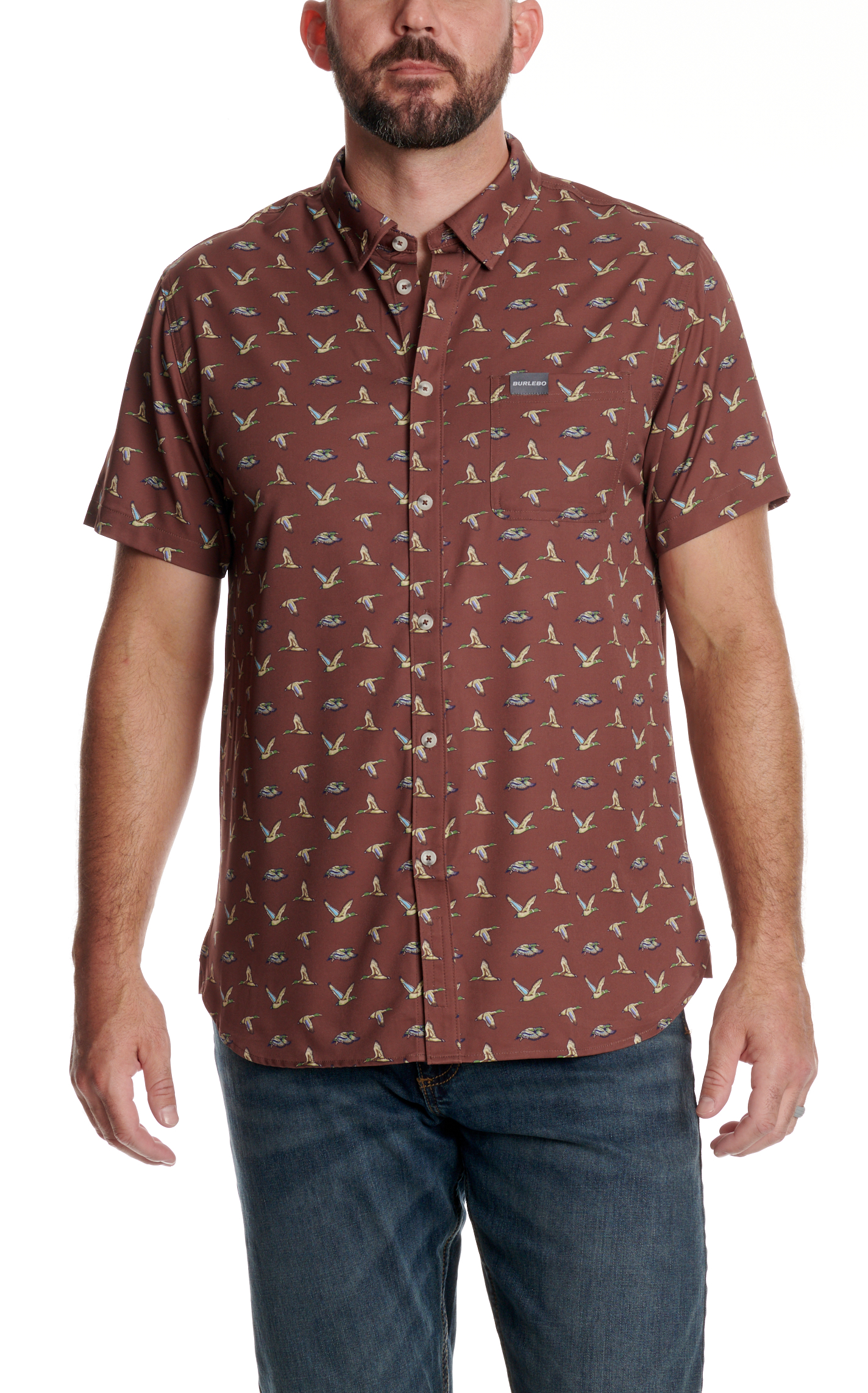 Burlebo Men's Performance Brown Flying Duck Print Shirt - Image 1