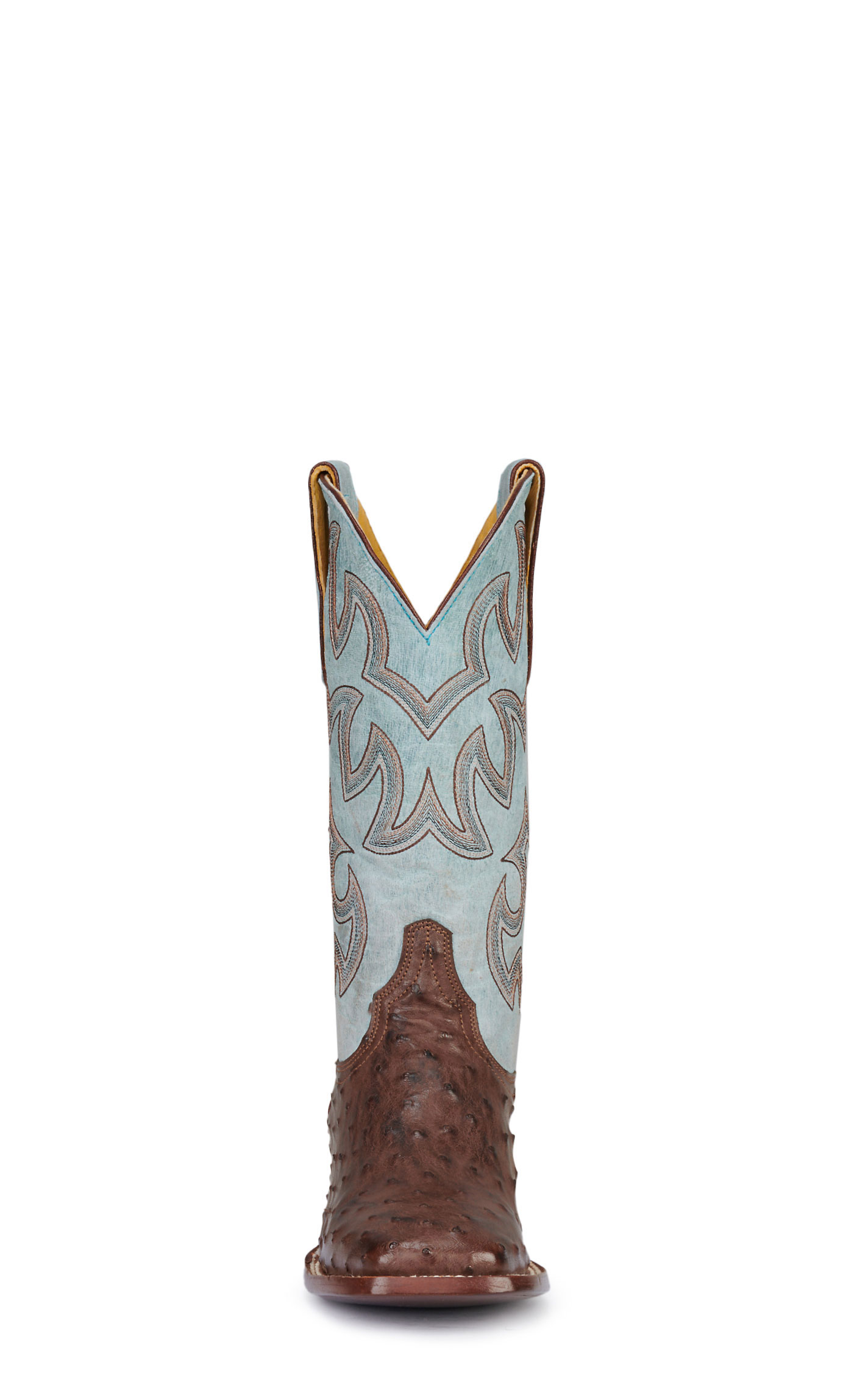 Cavender’s Women’s Sky Blue Leather and Bruchiato Moka Brown Full Quill Ostrich Exotic Square Toe Cowboy Boots - Image 1