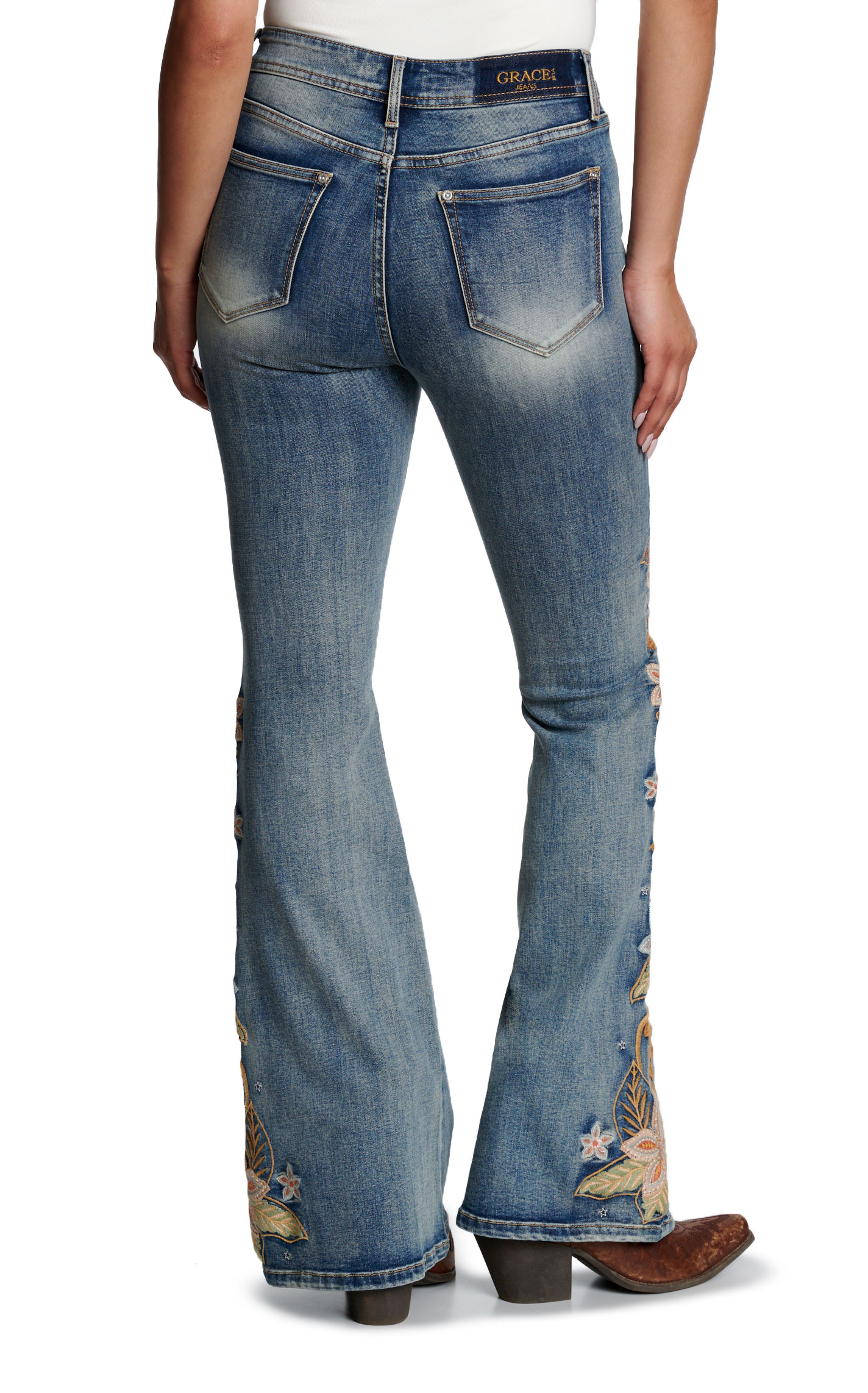 Grace In LA Women's Medium Blue Flare Cut Floral Embroidered Jeans - Image 1