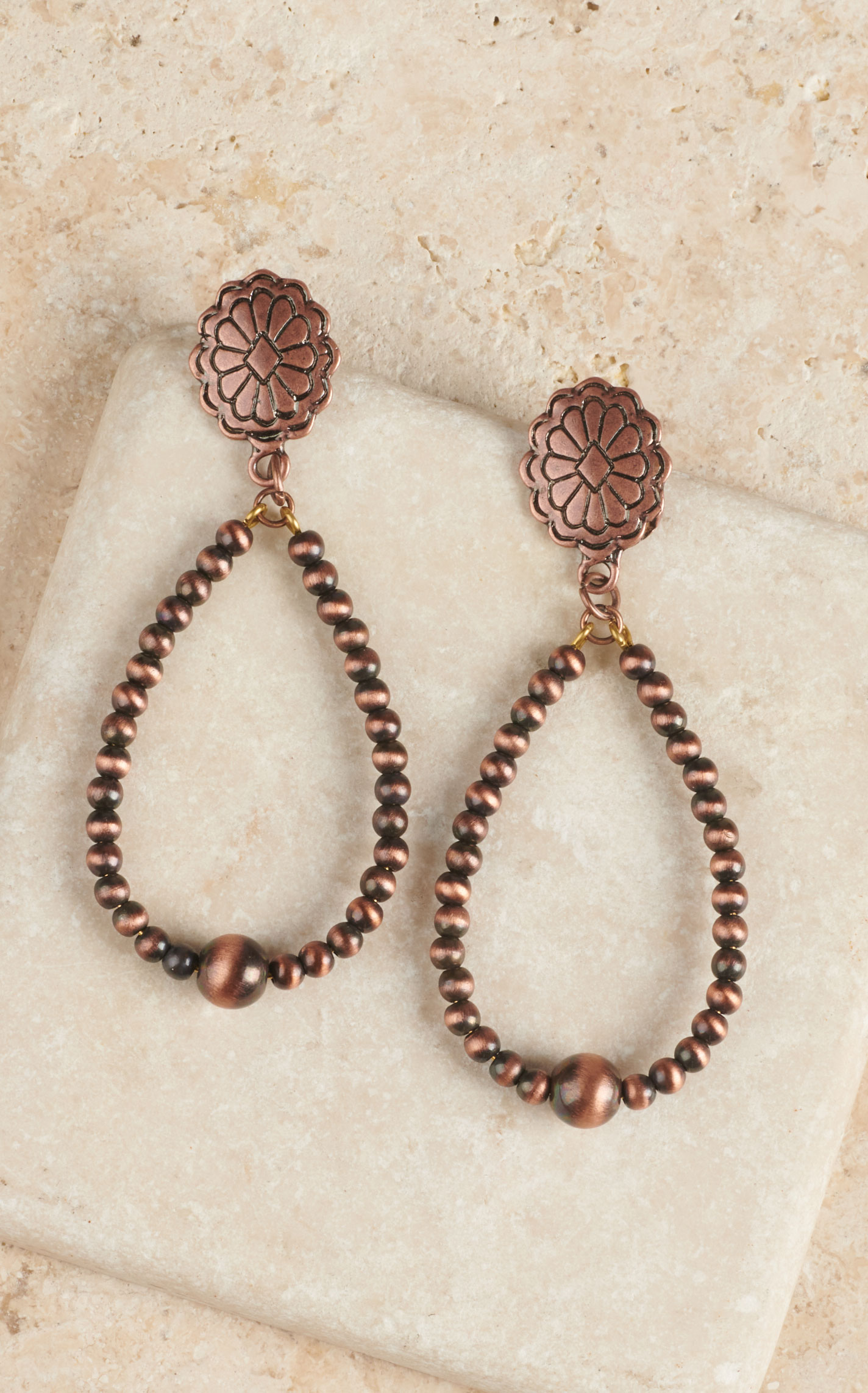 Rockin C Antiqued Copper Concho Navajo Pearl Bead Teardrop Earrings - Image 1