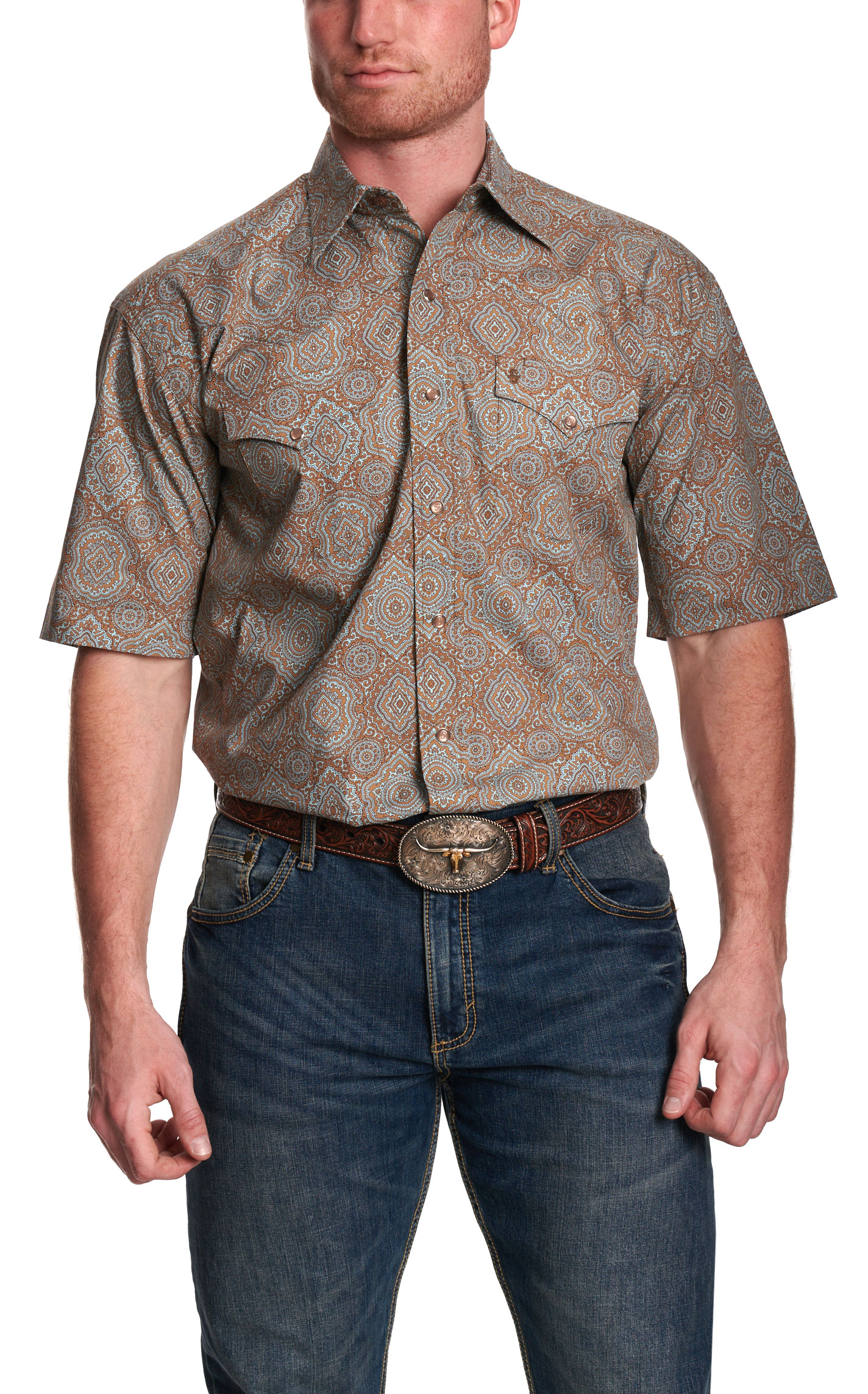 Stetson Men's Brown Paisley Print Short Sleeve Wester Shirt - Image 1