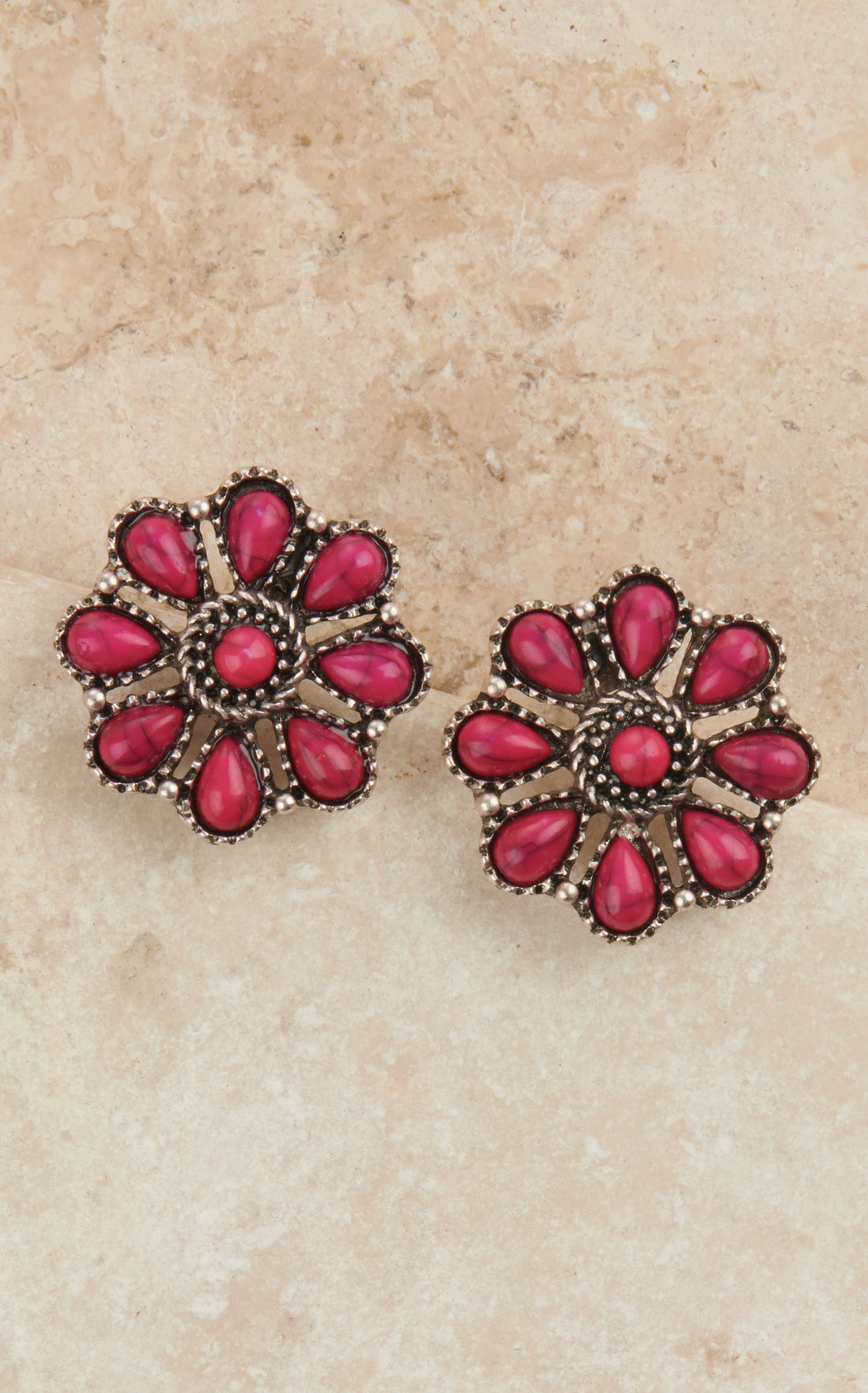 Rockin' C Women's Silver and Hot Pink Floral Concho Post Earrings - Image 1