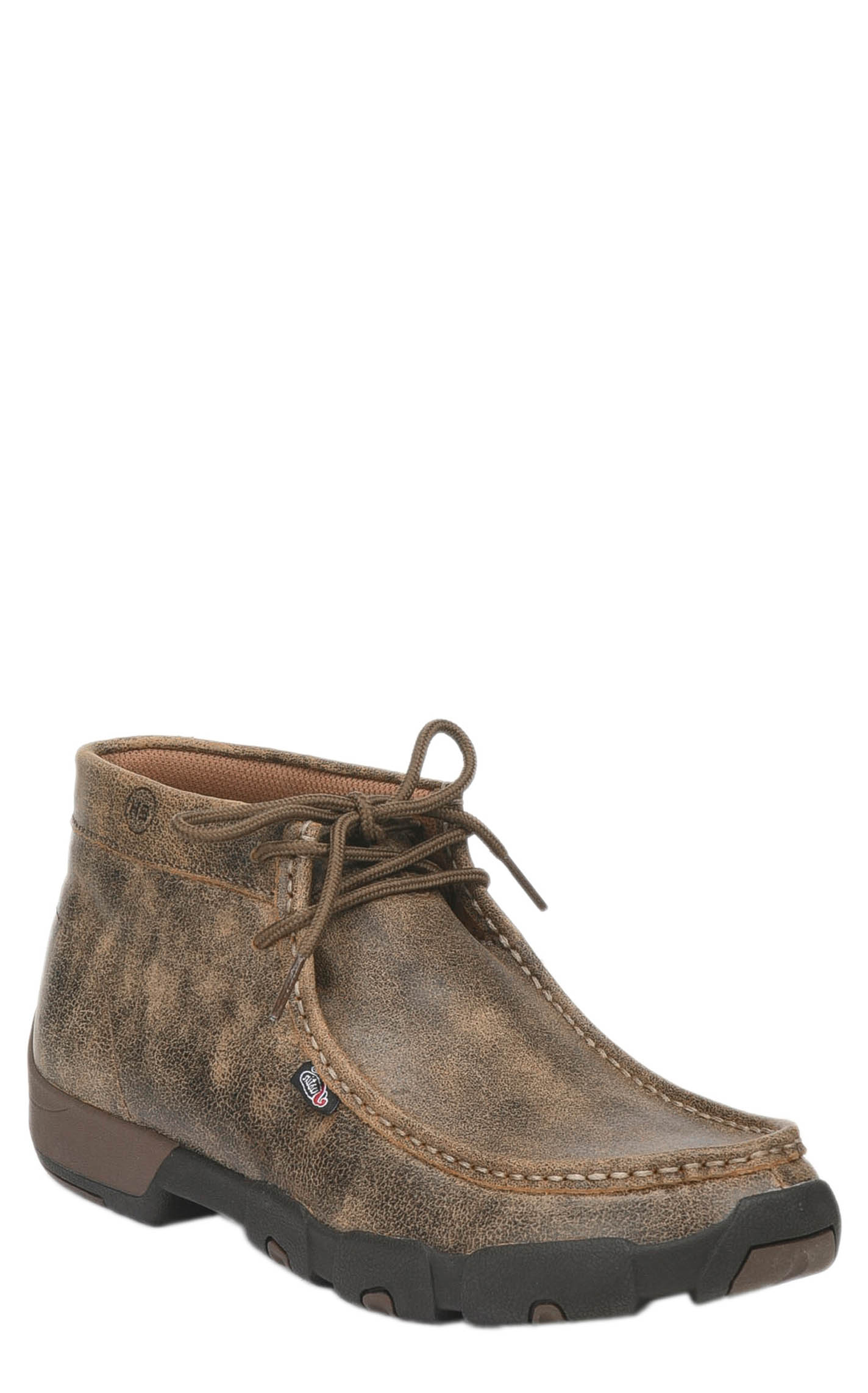 Justin Men's Cappie Distressed Tan Bomber Driving Moc Steel Toe Work Shoe - Image 1