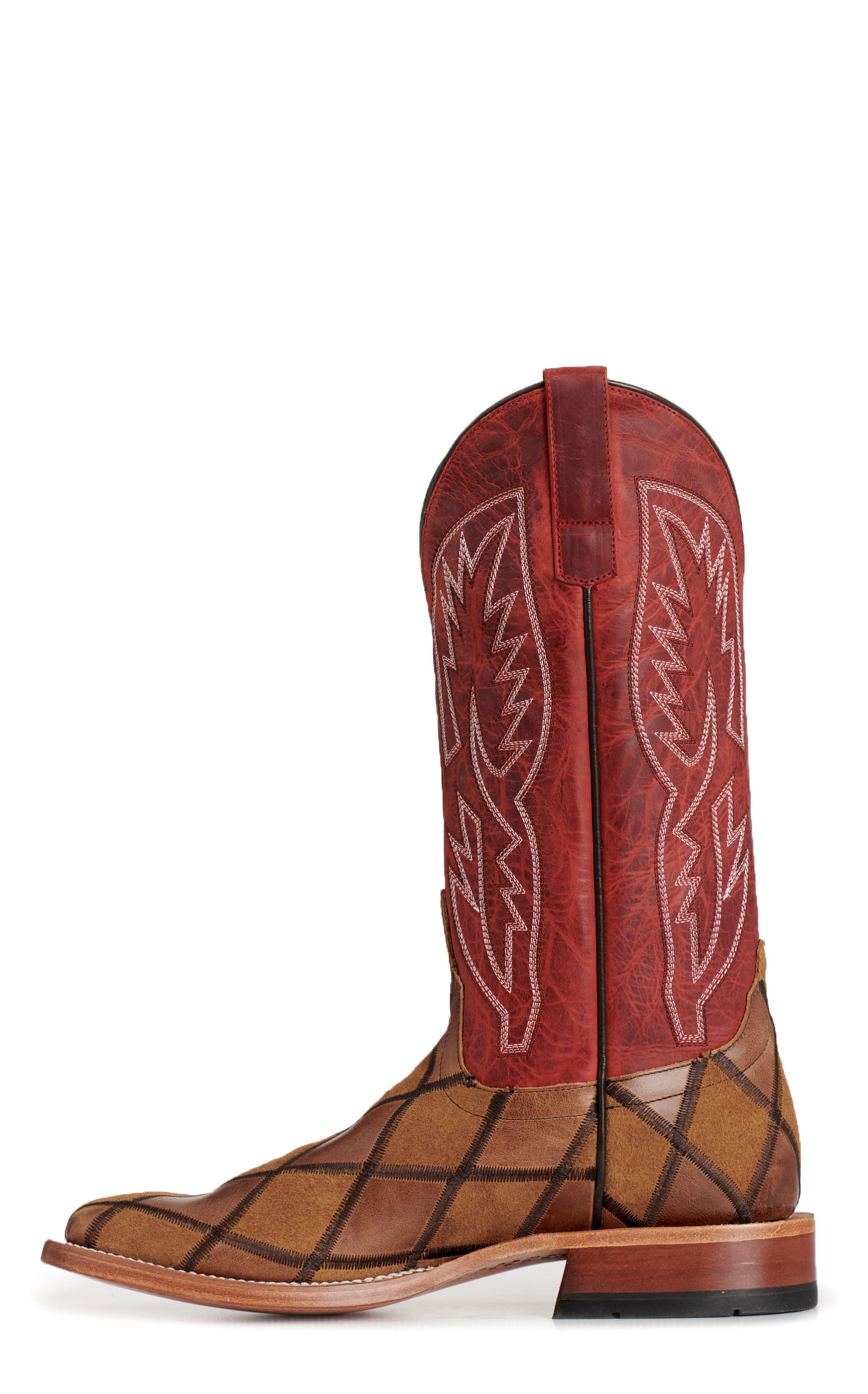 Anderson Bean Men's Horsepower Brown Suede Patchwork & Red Square Toe Cowboy Boots - Image 1