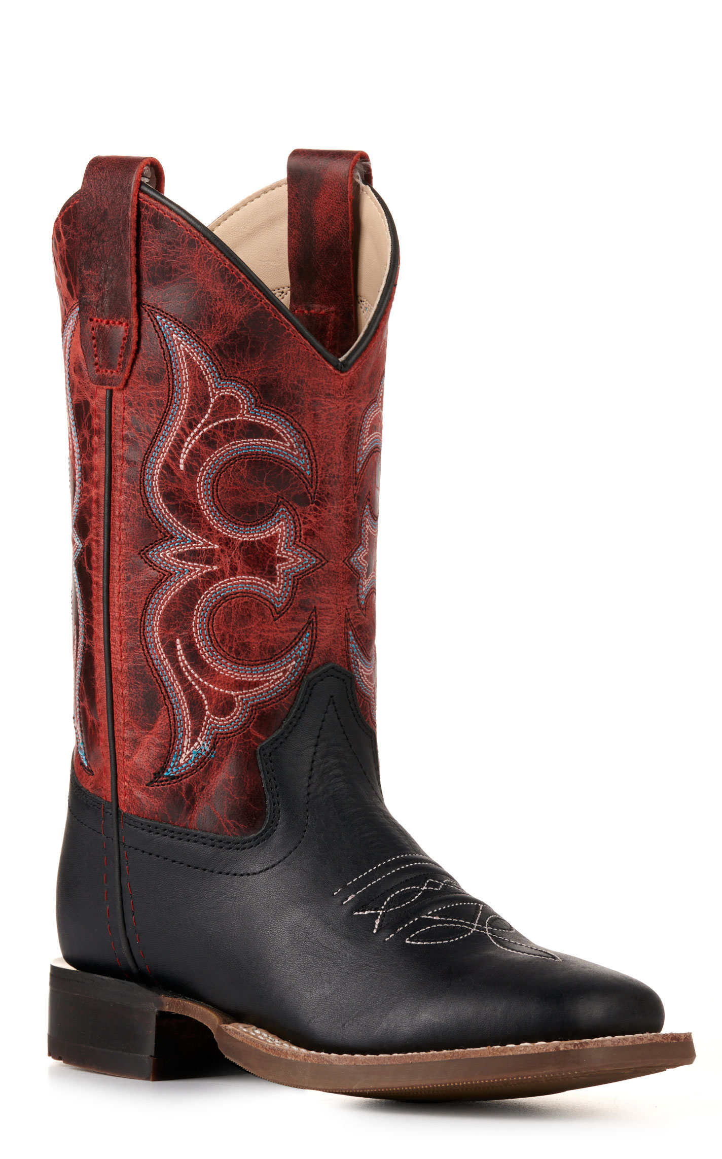 Old West Youth Black and Burnt Red Wide Square Toe Cowboy Boots - Image 1