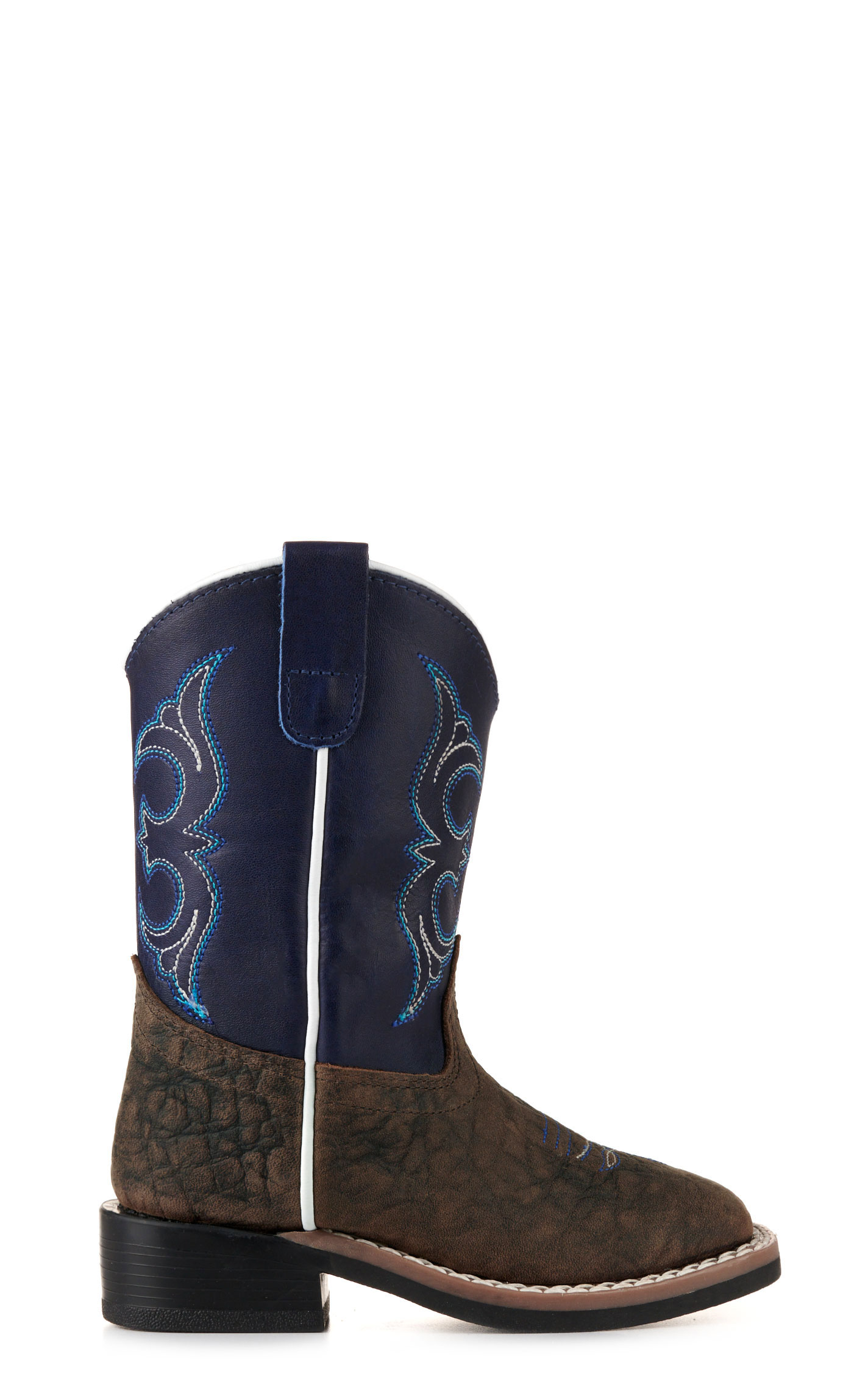 Old West Toddler Dark Brown and Blue Wide Square Toe Cowboy Boots - Image 1