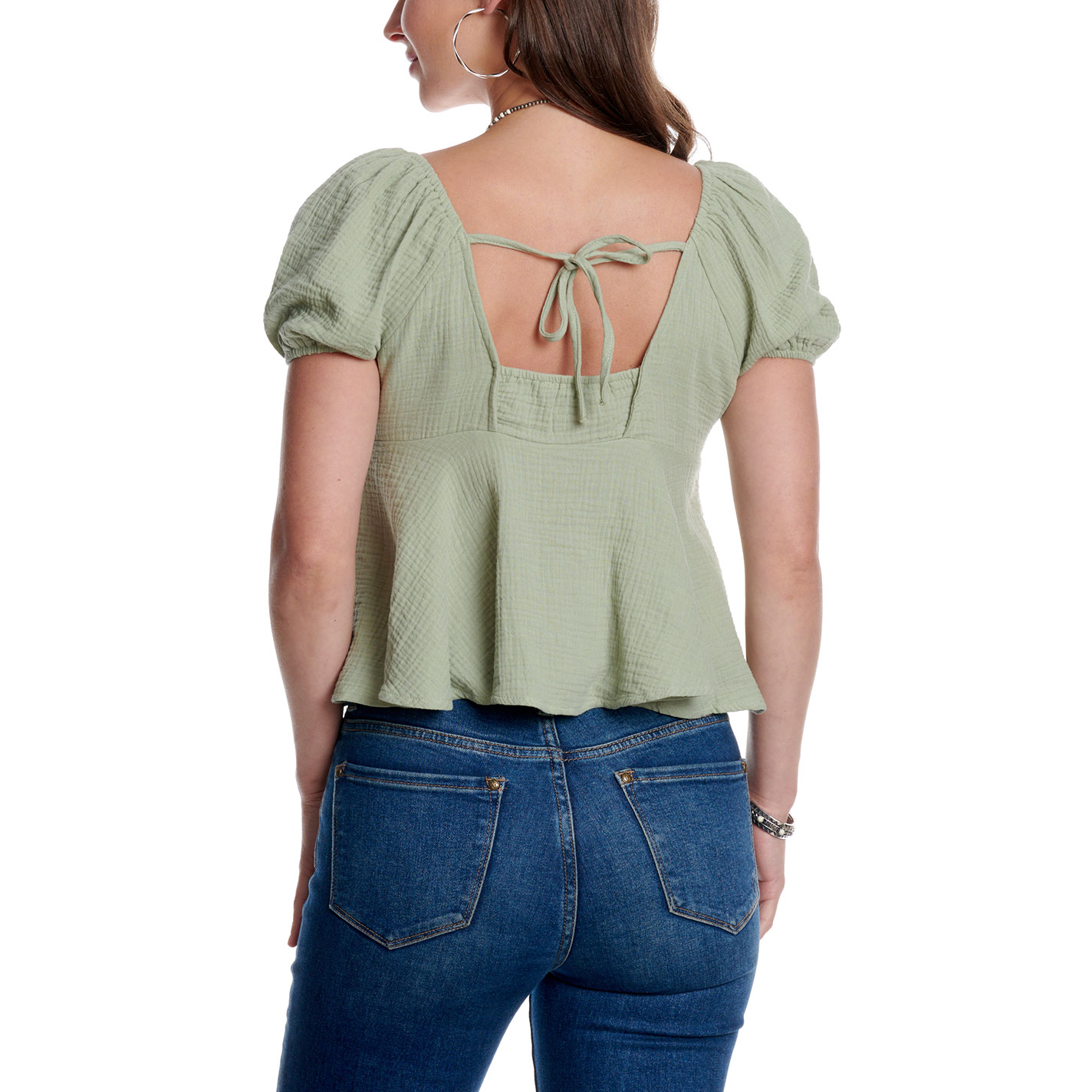 HYFVE Women's Sage Green Tie Front Babydoll Top - Image 1