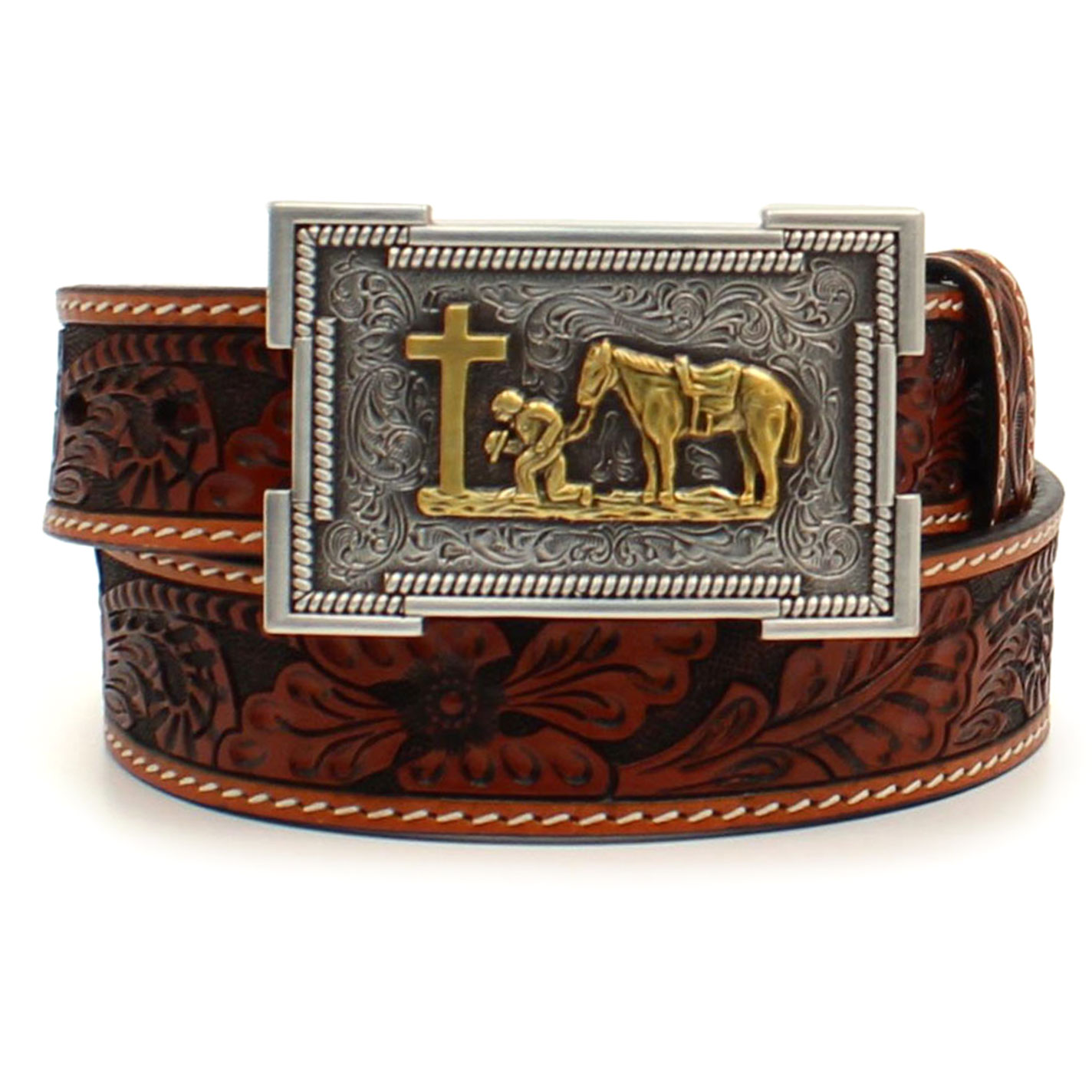 Ariat Boys' Brown Floral Tooled Belt with Silver and Gold Praying Cowboy Buckle - Image 1