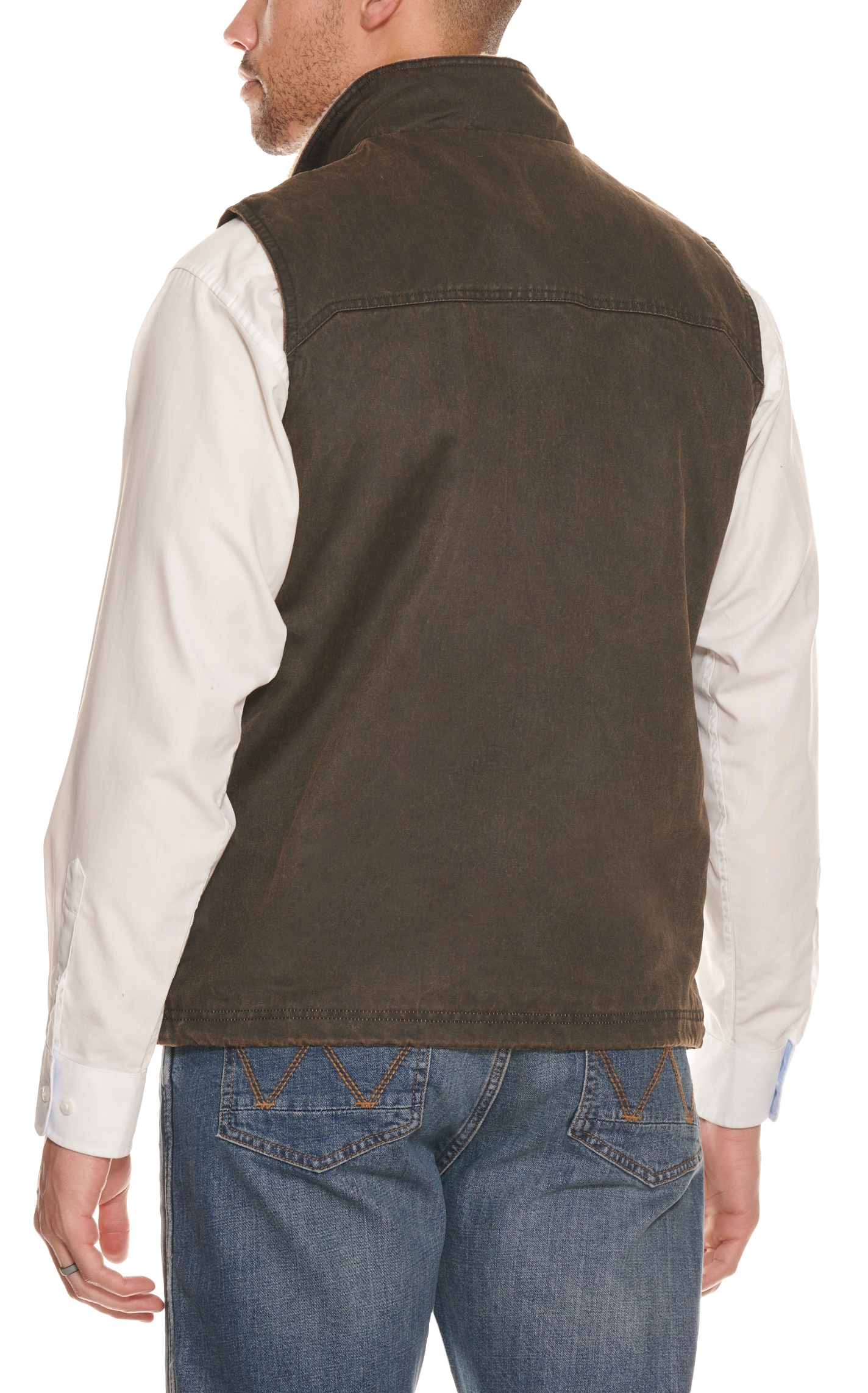 Rafter C Men's Dark Brown Sherpa Collar Faux Oilskin Vest - Image 1