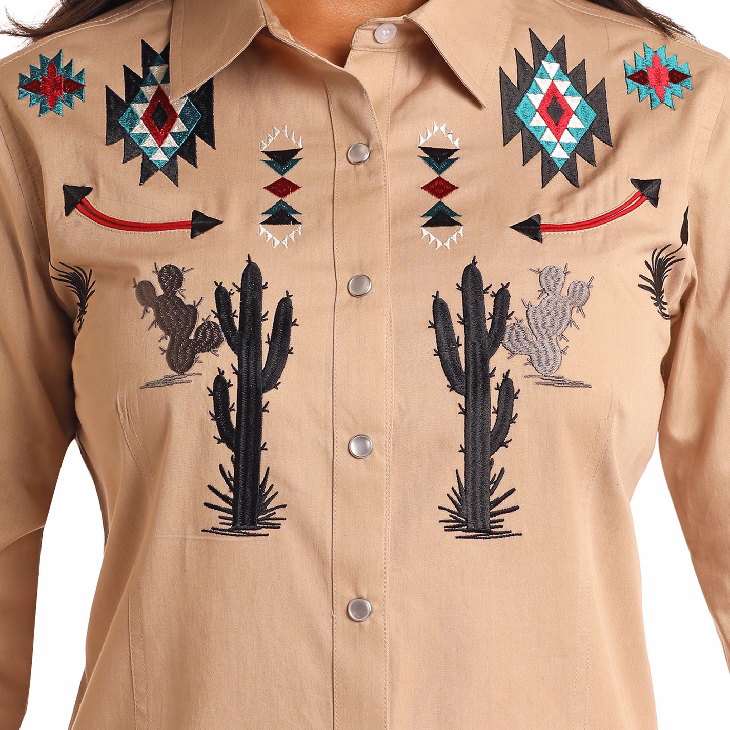 Panhandle Women's Rich Khaki Aztec Cactus Embroidered Shirt Dress - Image 1