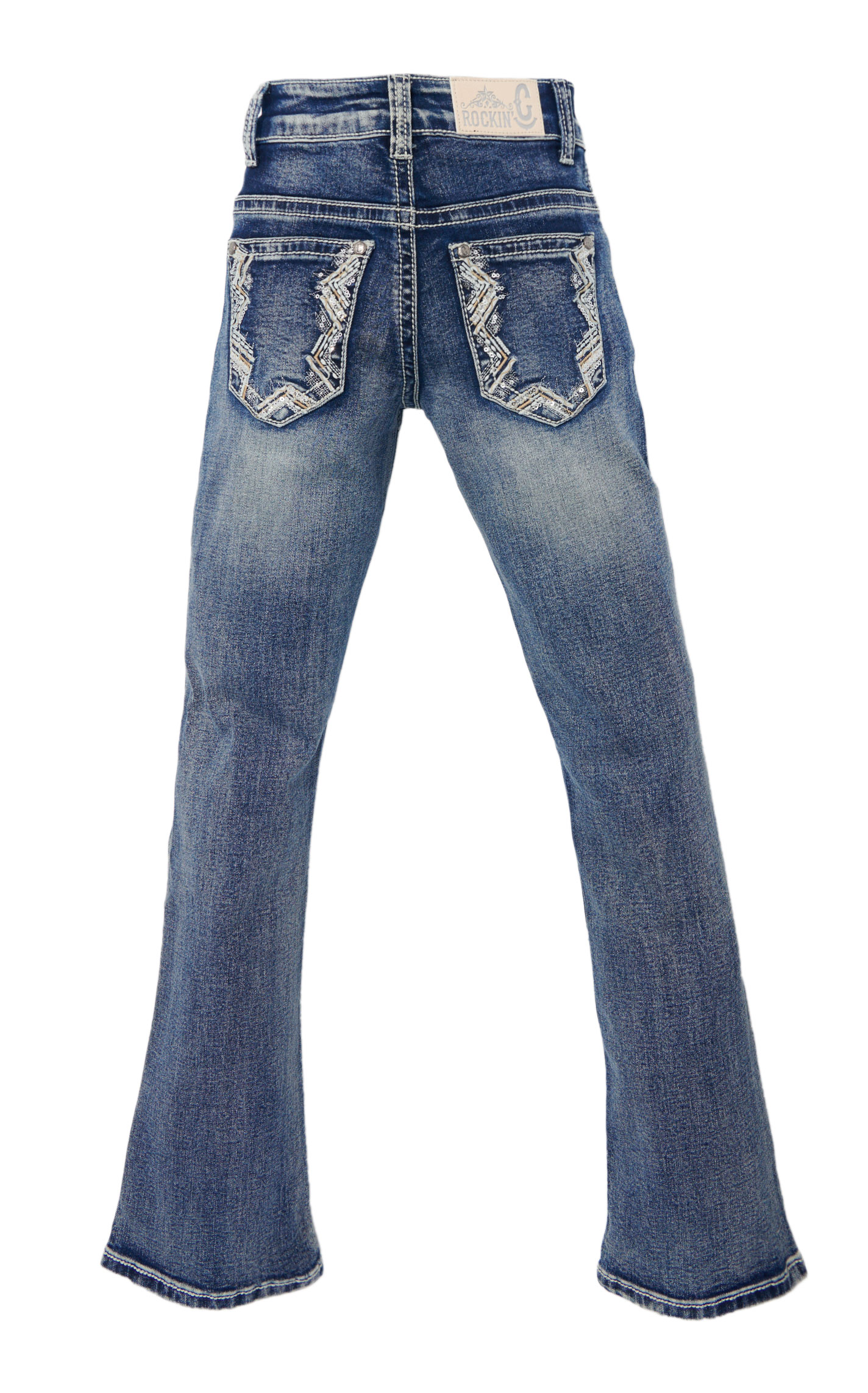 Rockin' C Girls' Medium Wash Chevron Embellished Bootcut Jeans - Image 1