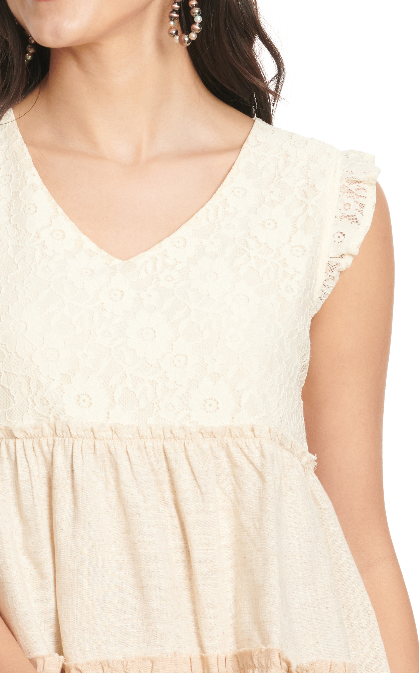 MAZIK Women's Cream Lace Oat & Blush Tiered Ruffle Top - Image 1