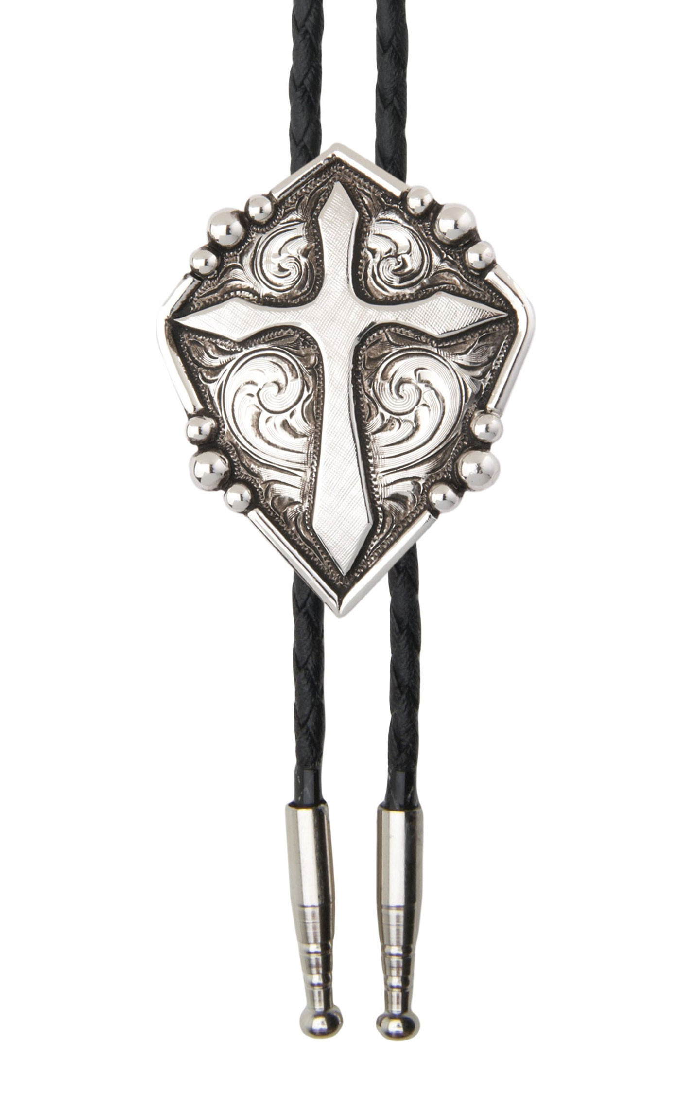 AndWest Antiqued Silver Etched Cross Bolo Tie - Image 1