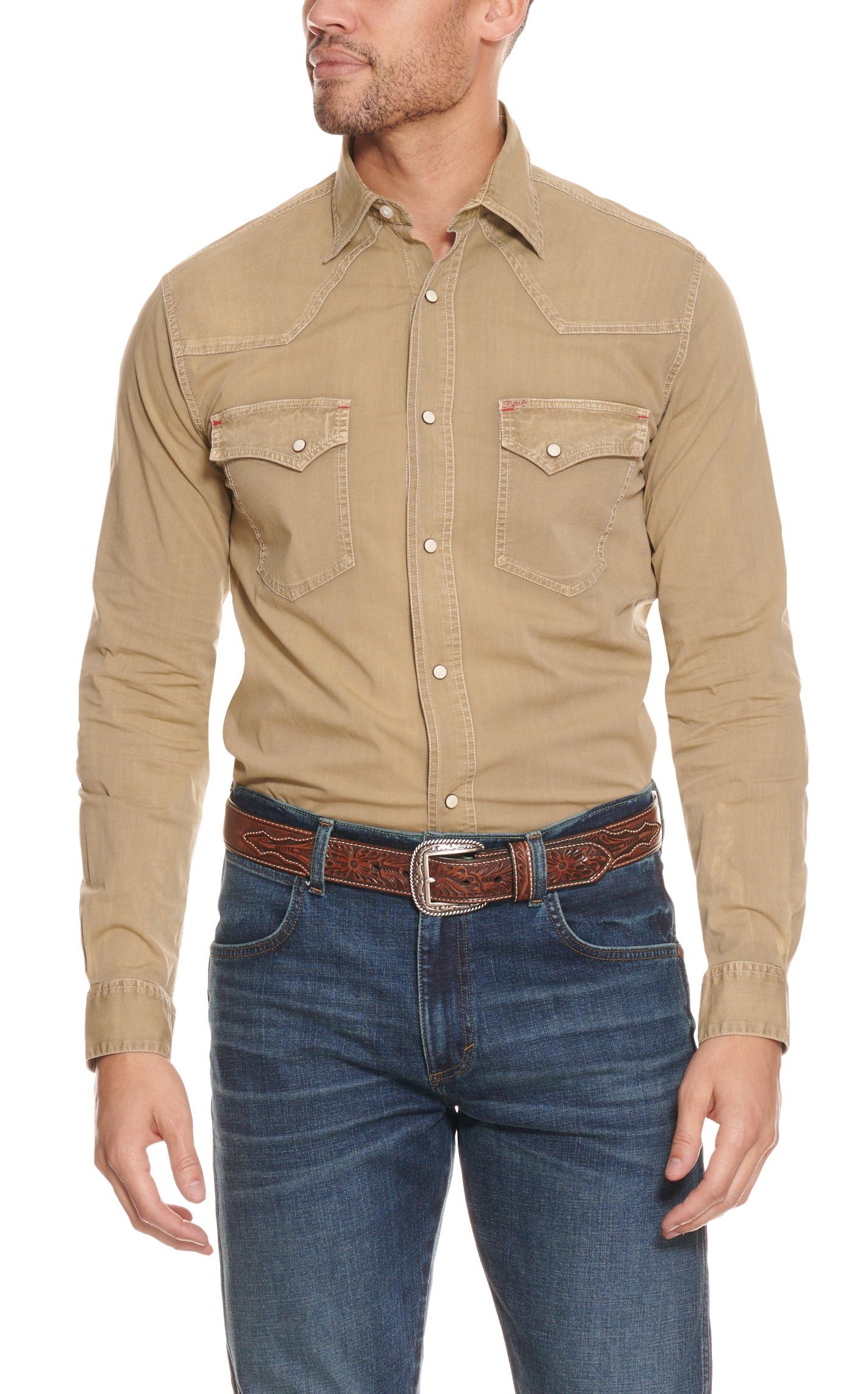 Rafter C Men's ProFlex45 Washed Khaki Stretch Western Shirt - Image 1