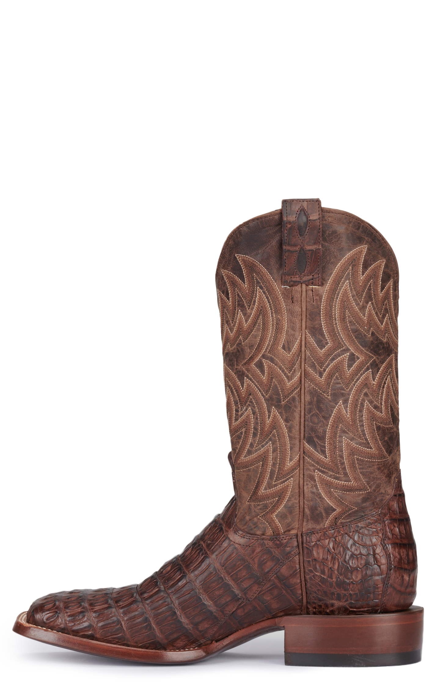 Cavender's Men's Chocolate and Cigar Reverse Caiman Tail Wide Square Toe Exotic Cowboy Boots - Image 1