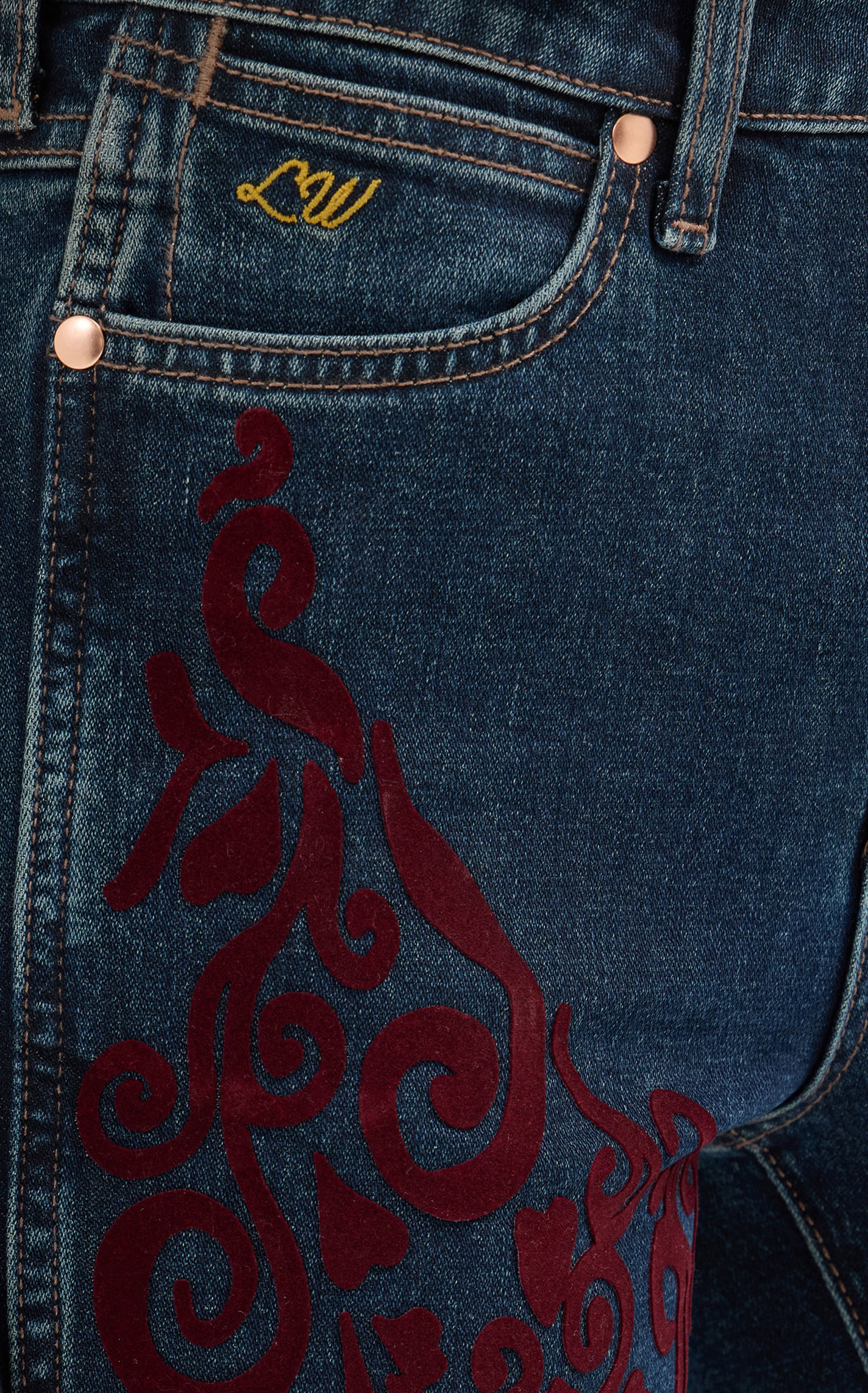 Wrangler X Lainey Wilson Women's Dark Wash Maroon Boot Stitch Bell Bottom Jeans - Image 1