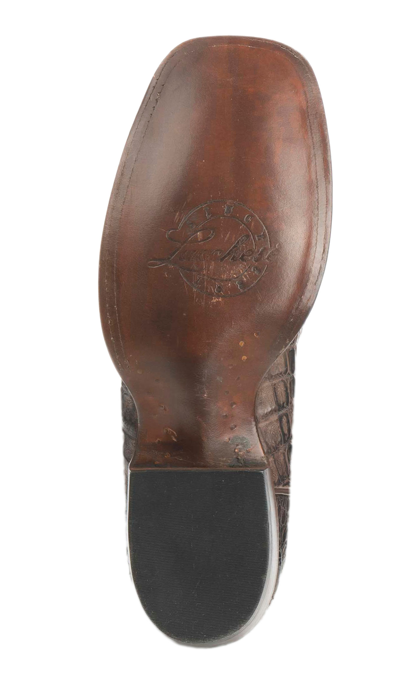 Lucchese Men's Barrel Brown Burnish and Chocolate Hornback Caiman Wide Square Toe Exotic Cowboy Boots - Image 1