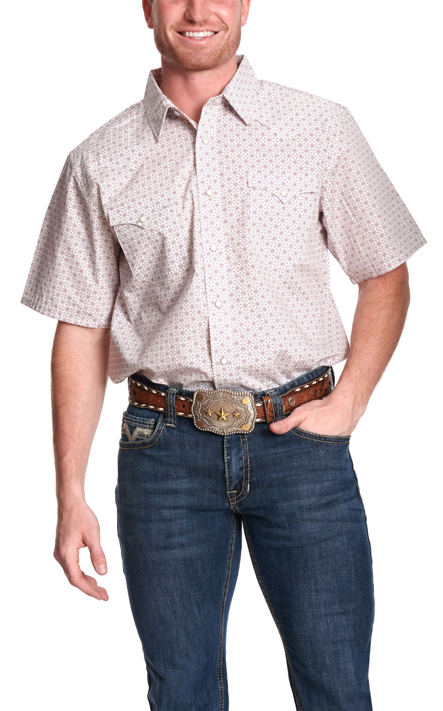 Panhandle Slim Men's White & Multi-Color Geo Print Short Sleeve Western Shirt - Image 1