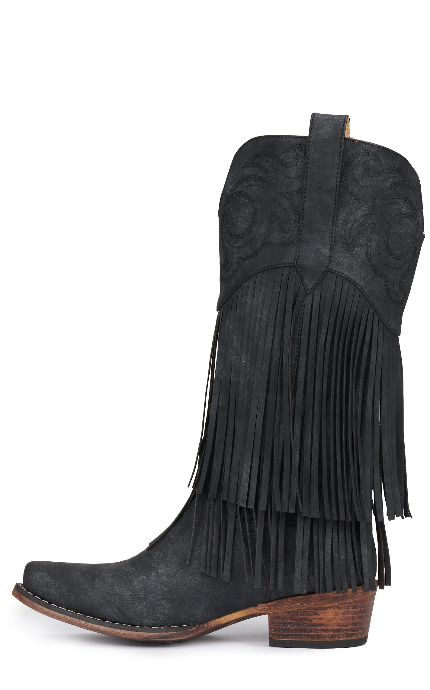 Roper Women's Black Faux Suede with Fringe Snip Toe Cowboy Boots - Image 1