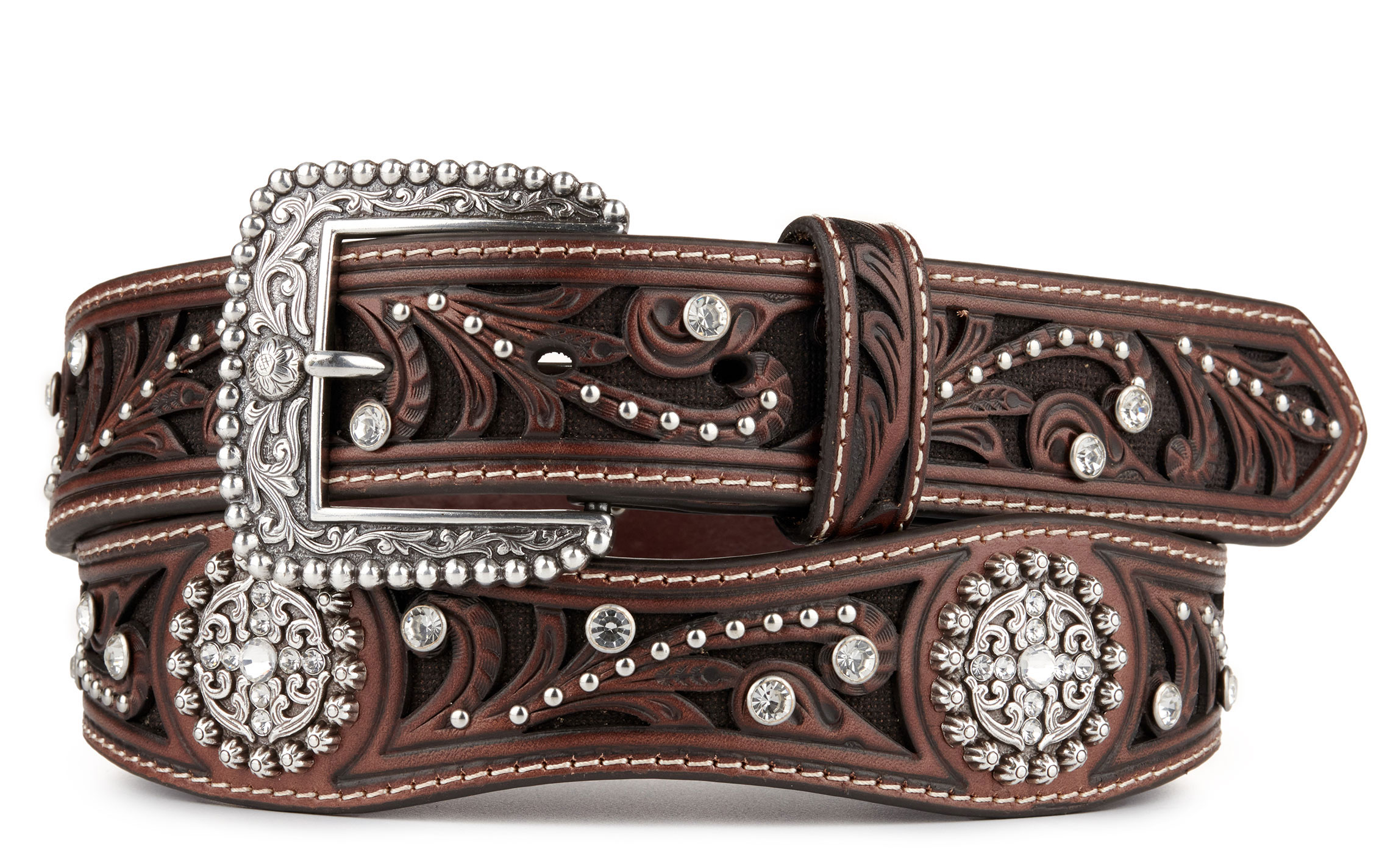 Ariat Brown Scroll Inlay with Crystals Women's Scalloped Belt A1513002 - Image 1