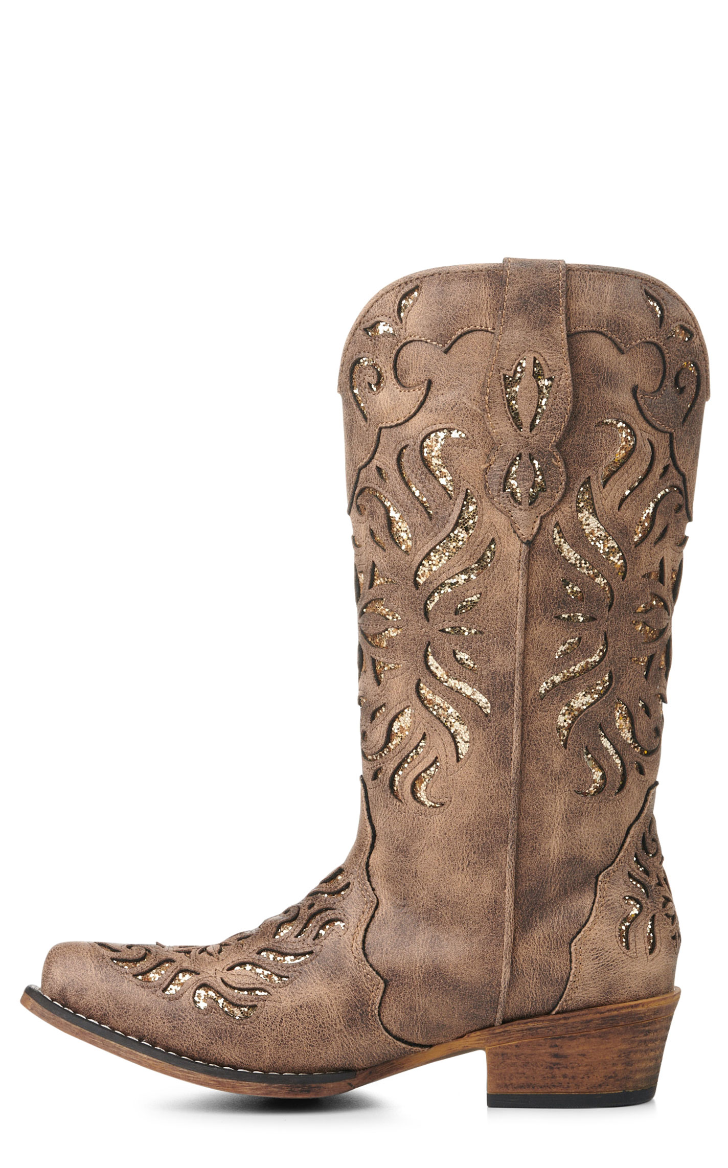 Roper Women's Riley Glitz Brown with Copper Glitter Inlay Snip Toe Cowboy Boots - Image 1