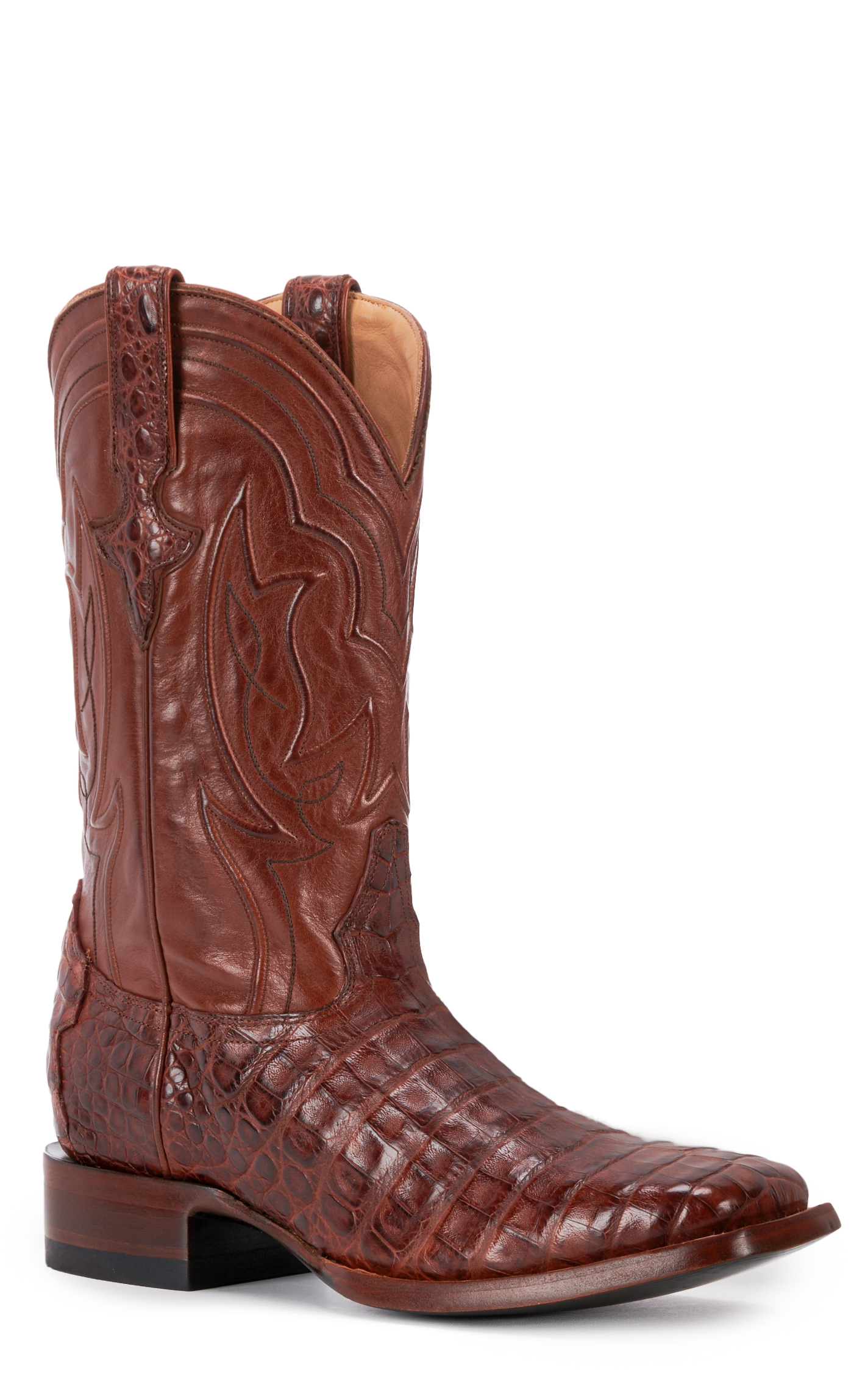 JRC & Sons Men's Drew Caiman Belly Wide Square Toe Exotic Cowboy Boot in Brandy - Image 1