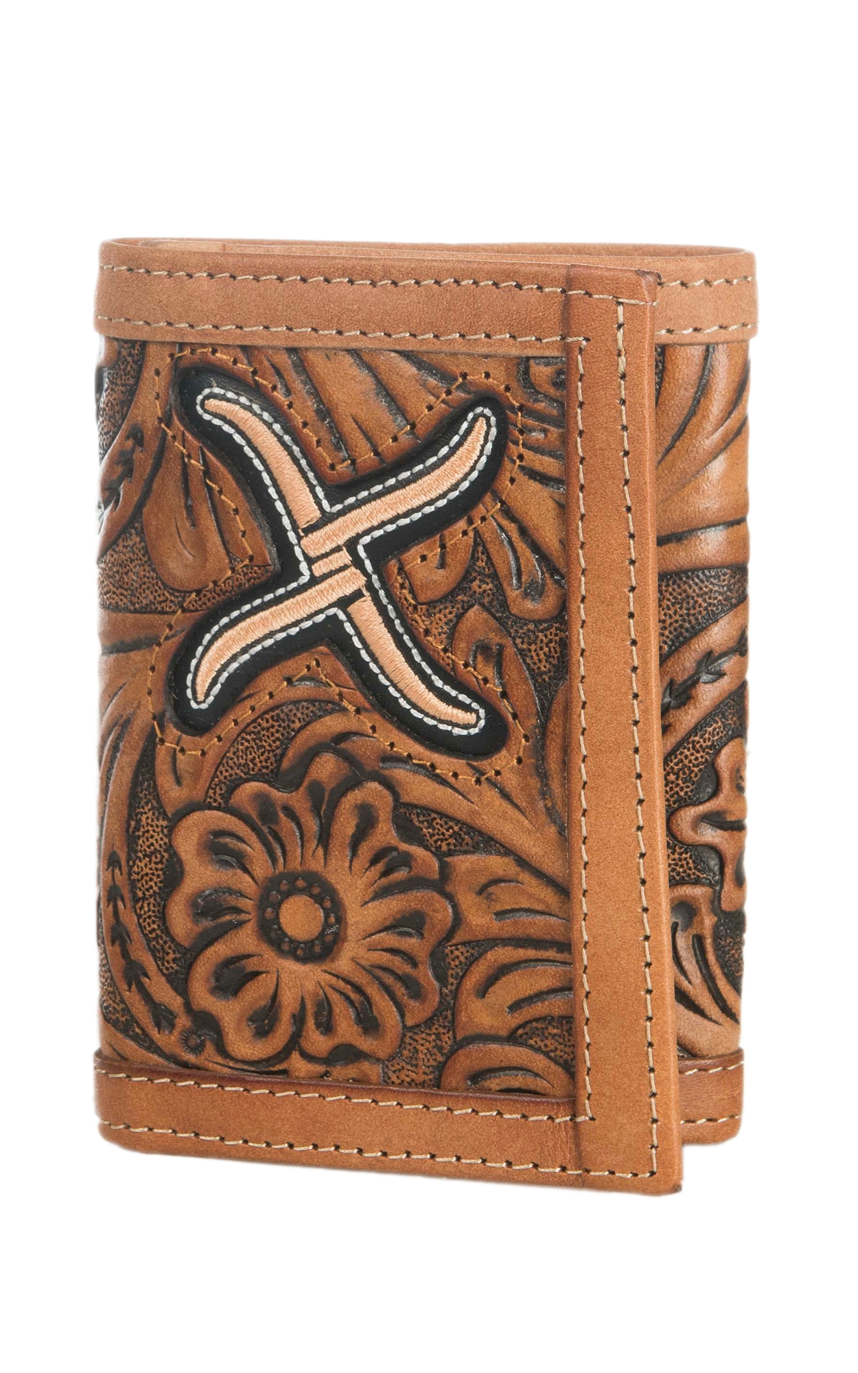Twisted X Men's Natural Tooled Leather with Embroidered Inlay Tri-Fold Wallet - Image 1