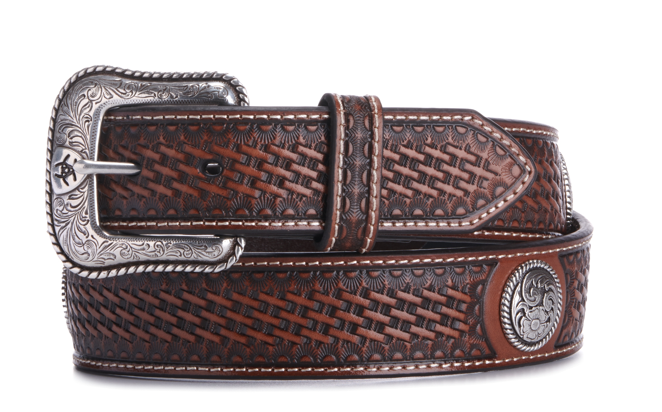 Ariat Men's Brown Leather Basketweave and Concho Western Belt - Image 1