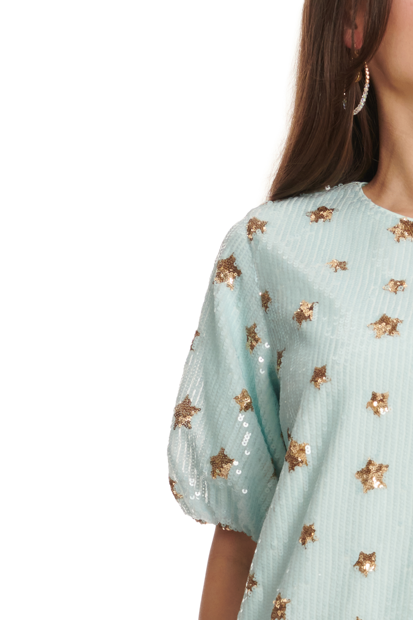 Mainstrip Sky Blue with Gold Stars Sequin Short Sleeve Dress - Image 1