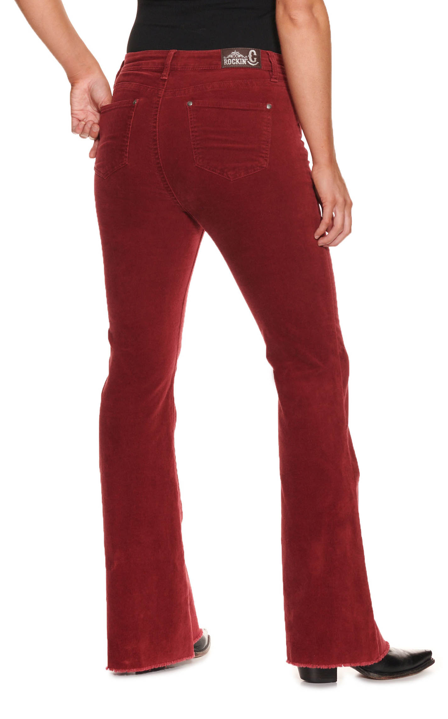 Rockin' C Women's Burgundy Corduroy Frayed Hem Trouser Leg Jean - Image 1