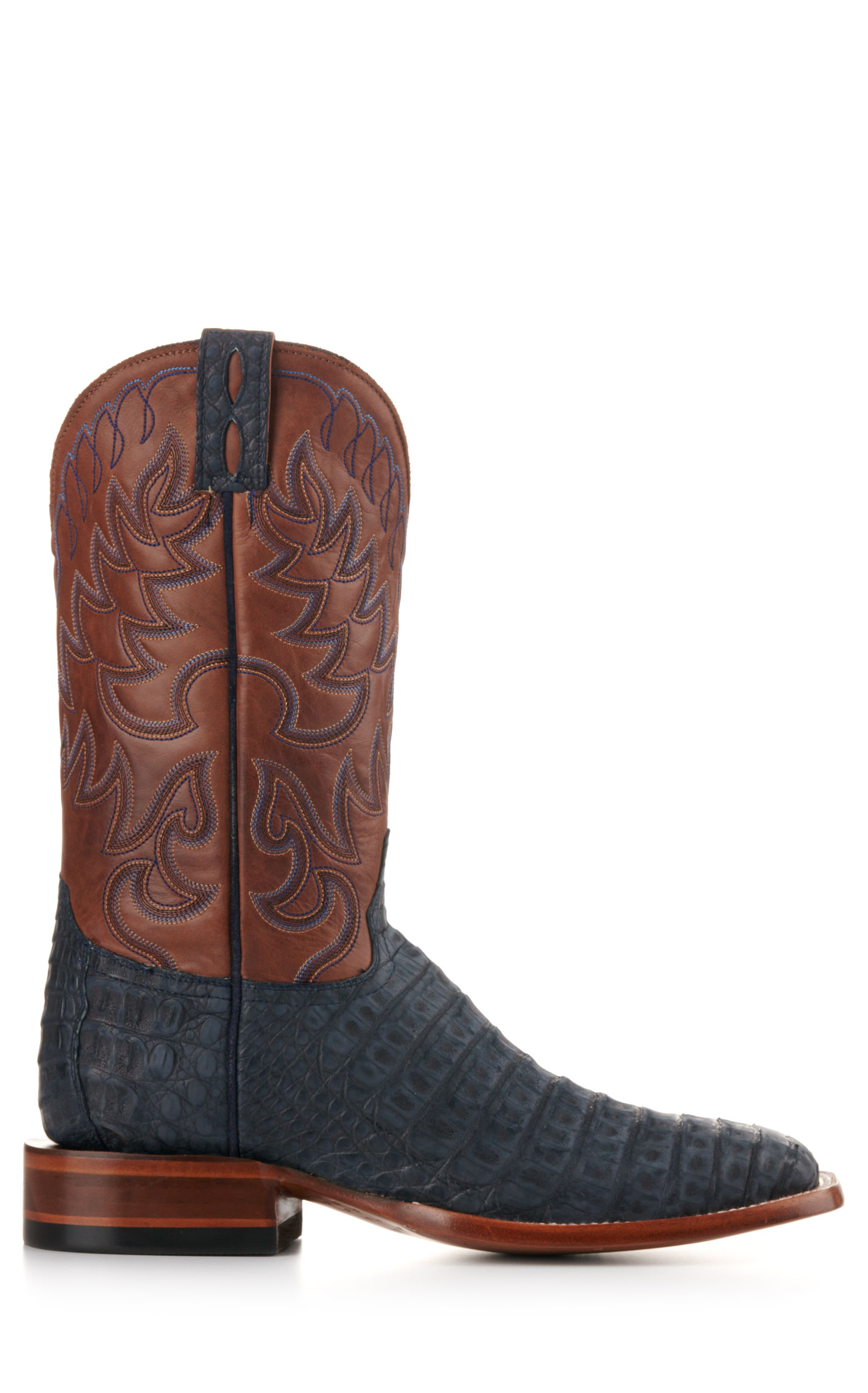 Cavender's Men's Brown and Blue Sueded Caiman Wide Square Toe Exotic Cowboy Boots - Image 1