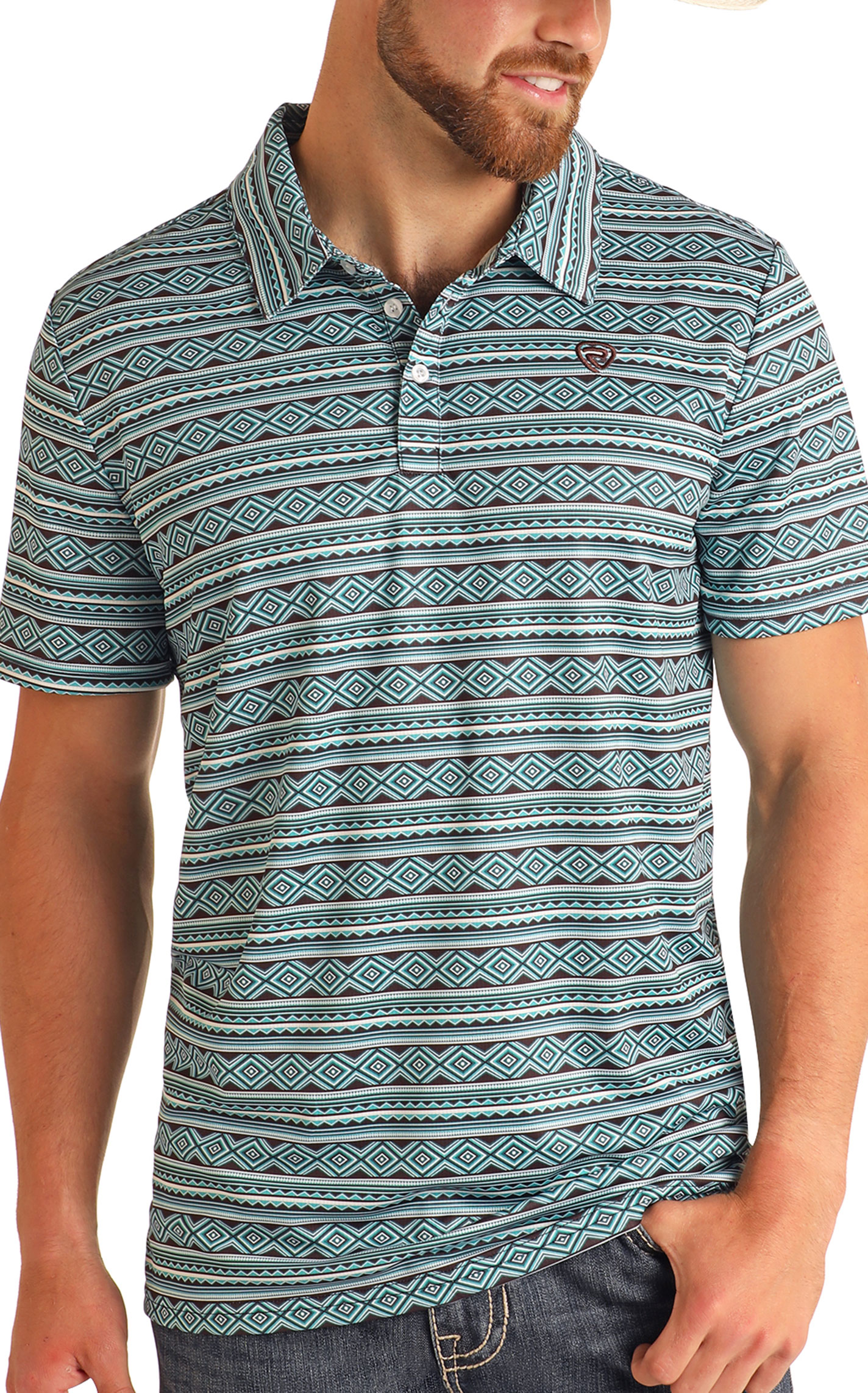 Rock & Roll Denim Men's Teal & Chocolate Aztec Polo Shirt - Image 1
