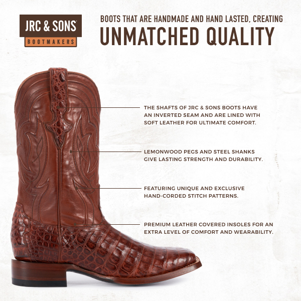 JRC & Sons Men's Drew Caiman Belly Wide Square Toe Exotic Cowboy Boot in Brandy - Image 1