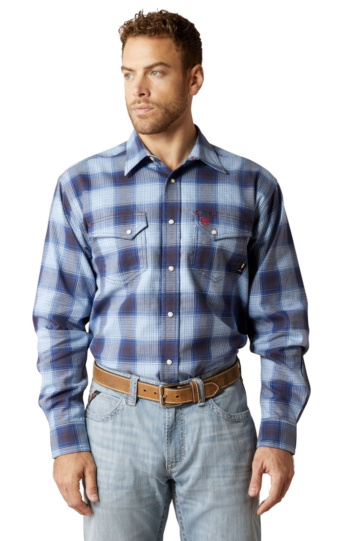 Ariat Men's Bighorn FR Navy & Cornflower Blue Plaid Work Shirt - Image 1