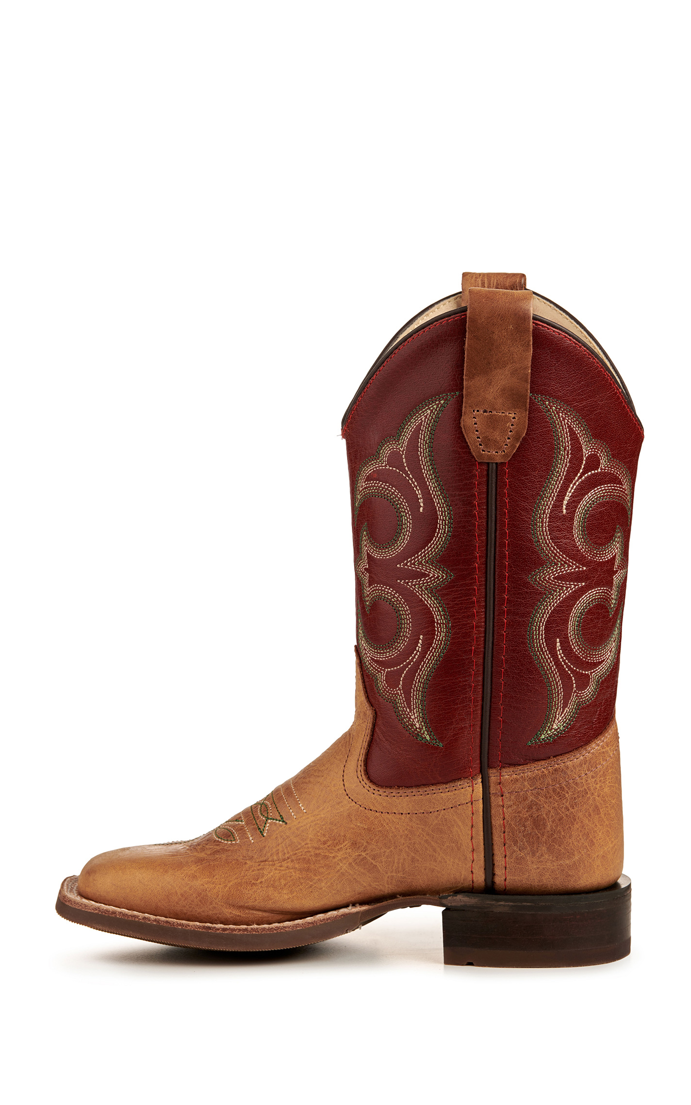 Old West Kid's Cactus Tan and Red Wide Square Toe Cowboy Boots - Image 1