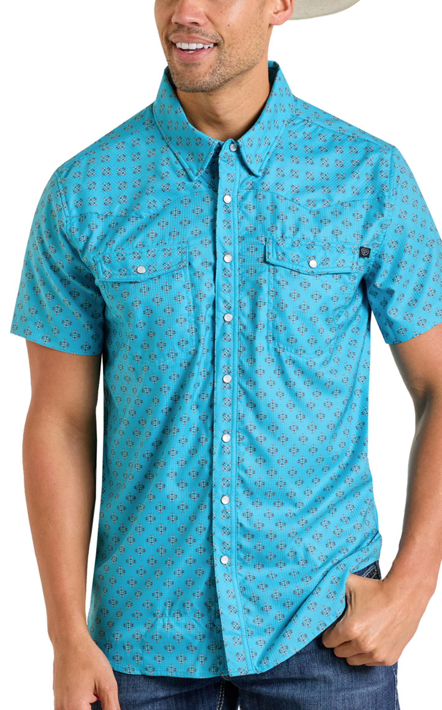Rock & Roll Denim Men's Teal Mini Aztec Print Shirt - Image 1