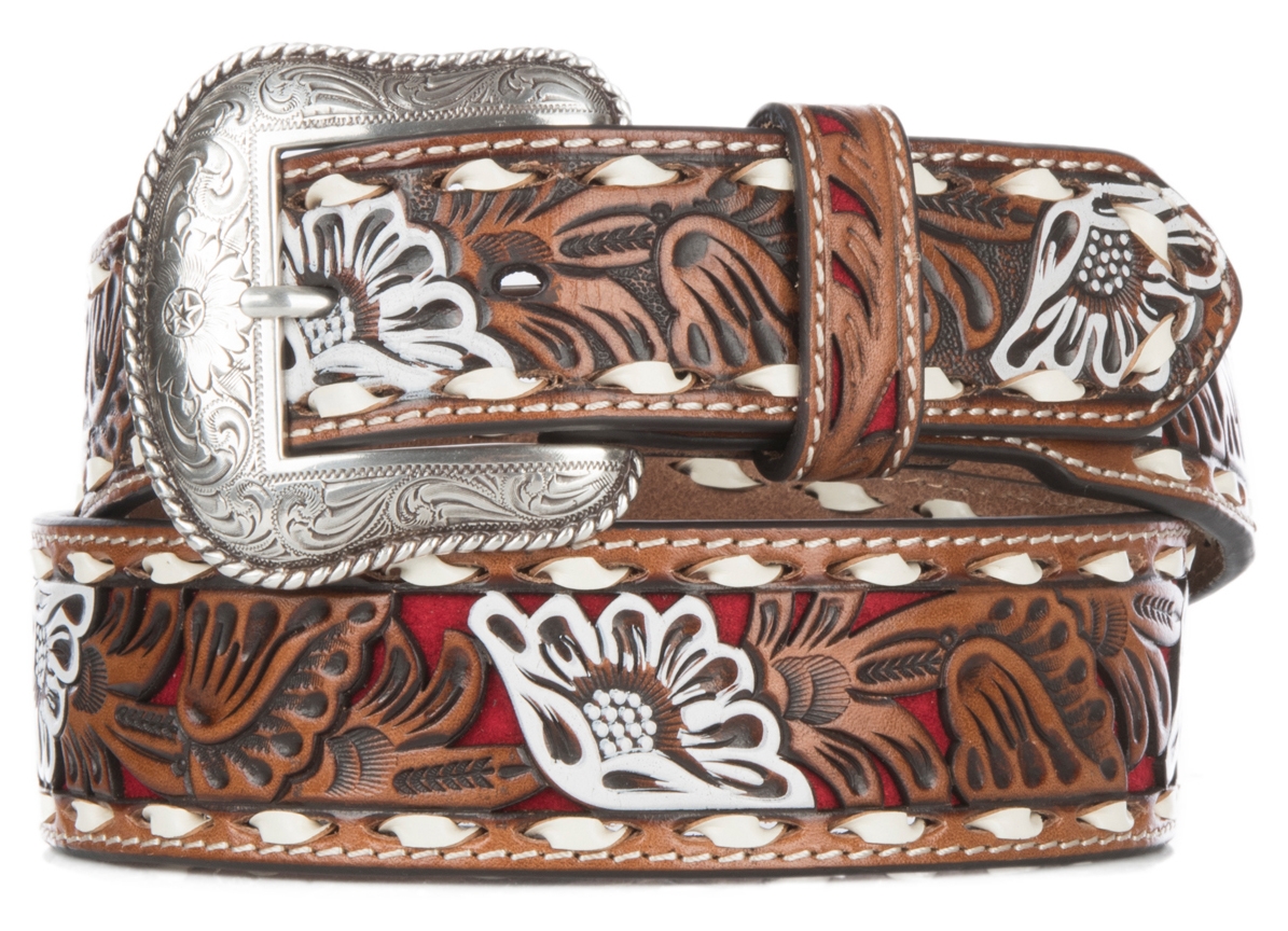 Nocona Men's Brown Genuine Leather Floral with Red Painted Inlay Western Belt - Image 1